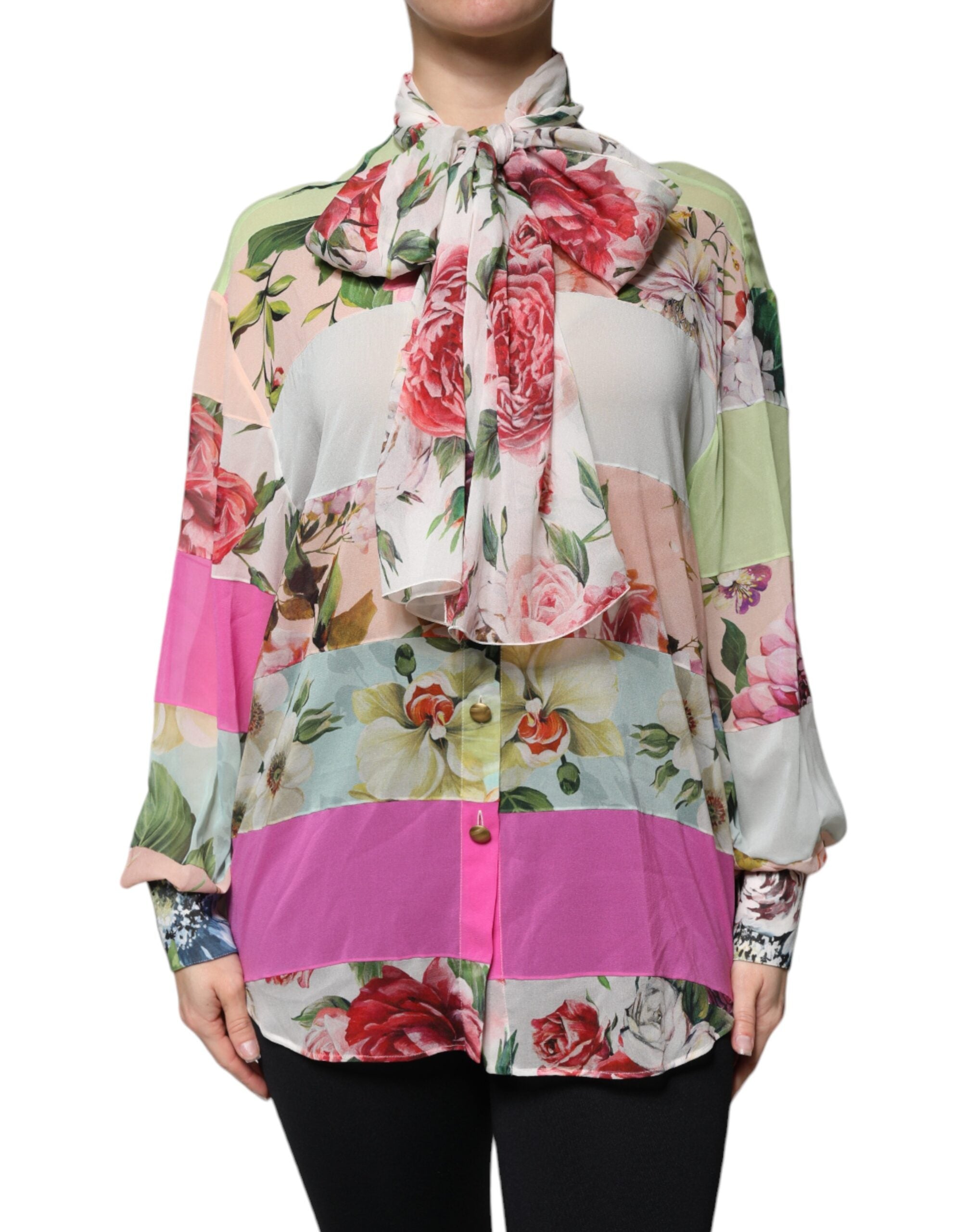 Dolce & Gabbana Multicolor Floral Patchwork Ascot Kragen Top