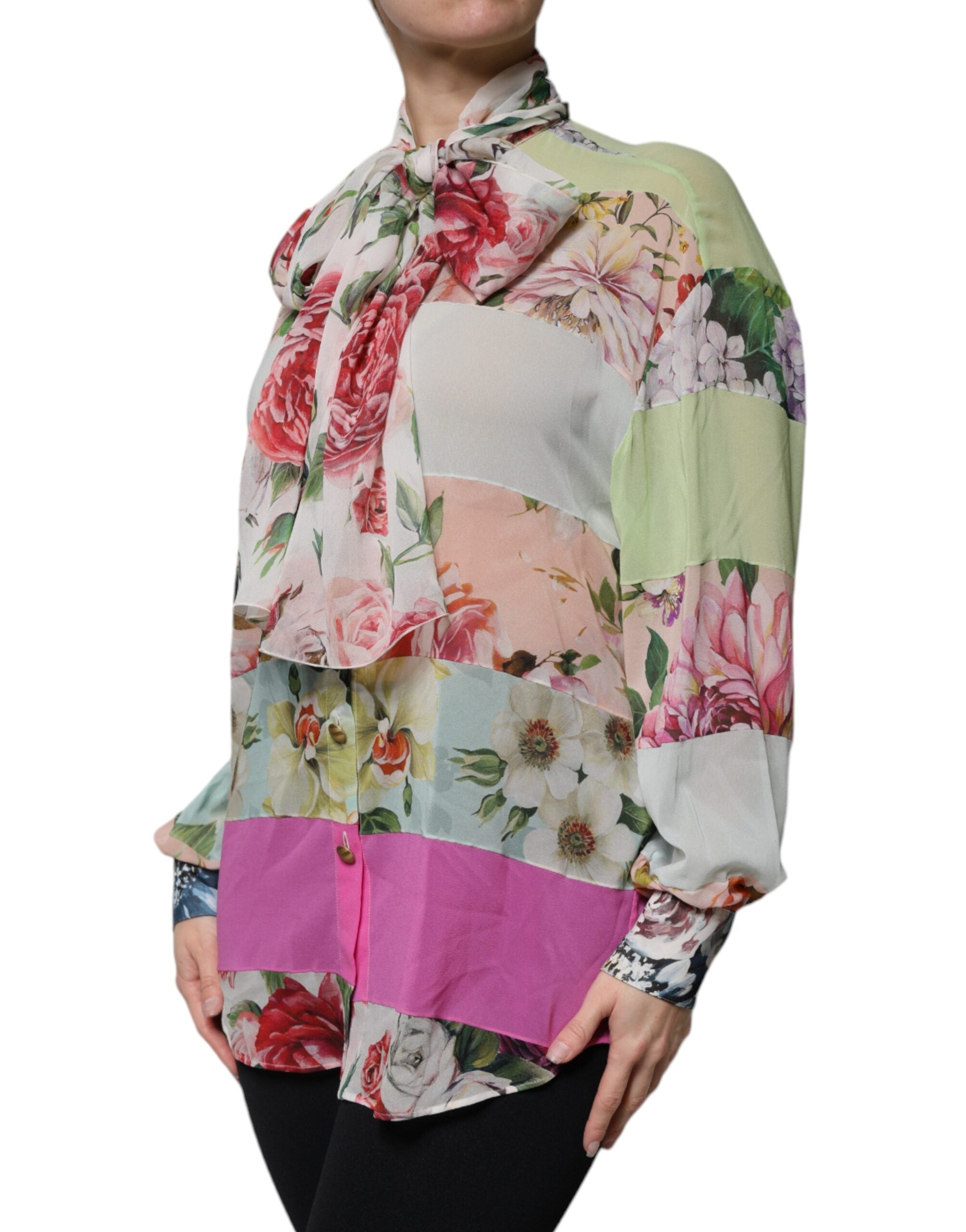 Dolce & Gabbana Multicolor Floral Patchwork Ascot Kragen Top