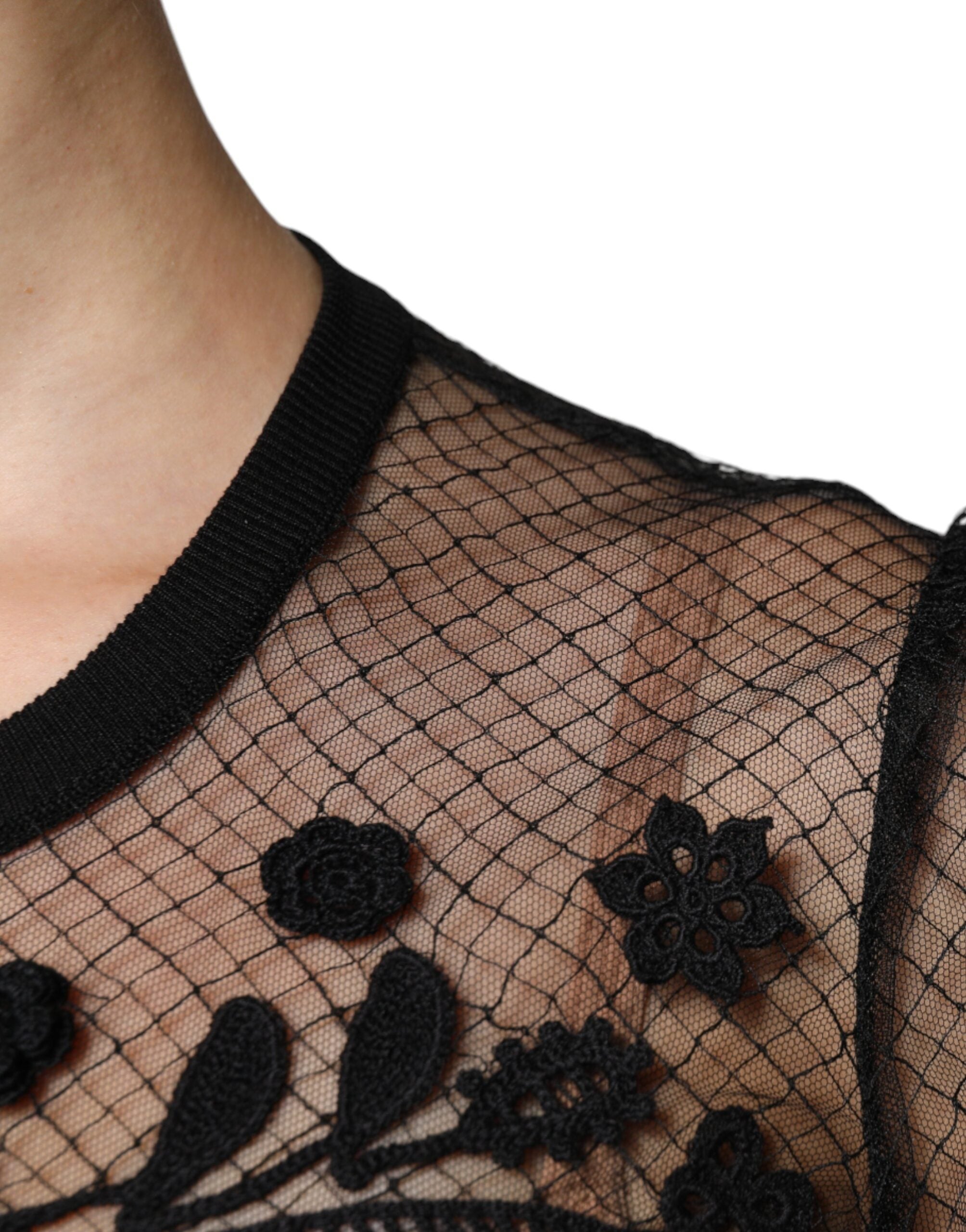 Dolce & Gabbana Schwarzes Blusentop mit floraler Spitze und kurzen Ärmeln