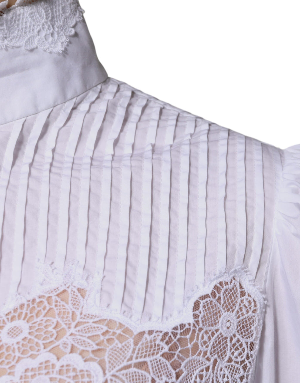 Dolce & Gabbana Weißes Rollkragenblusentop mit Spitzenbesatz aus Baumwolle