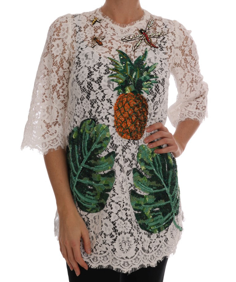 Dolce & Gabbana Weiße Bluse aus kristallbesetzter Spitze