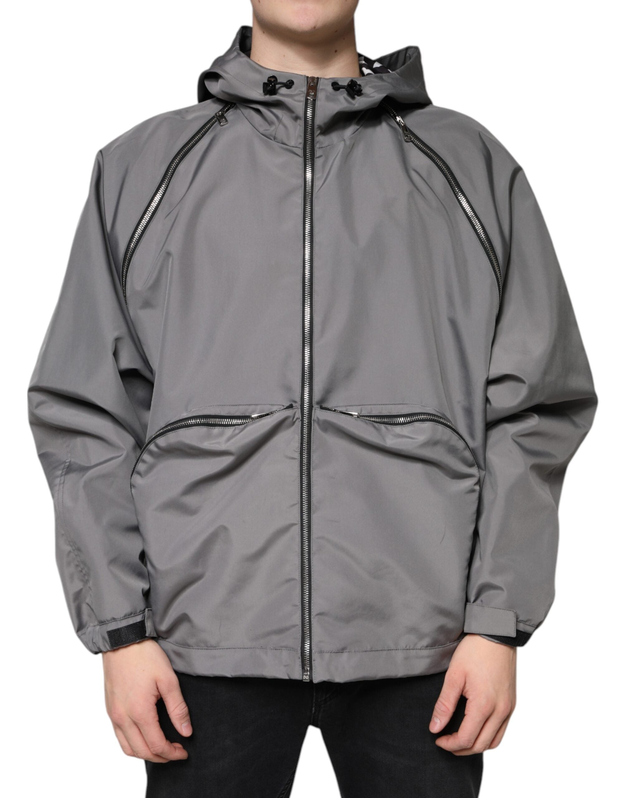 Dolce & Gabbana Graue Polyester Jacke mit Kapuze und durchgehendem Reißverschluss für Männer