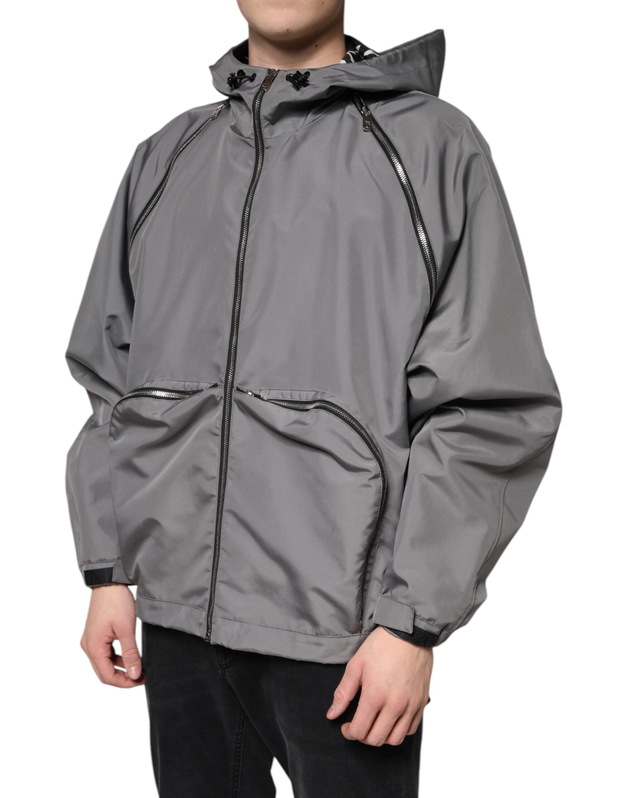 Dolce & Gabbana Graue Polyester Jacke mit Kapuze und durchgehendem Reißverschluss für Männer