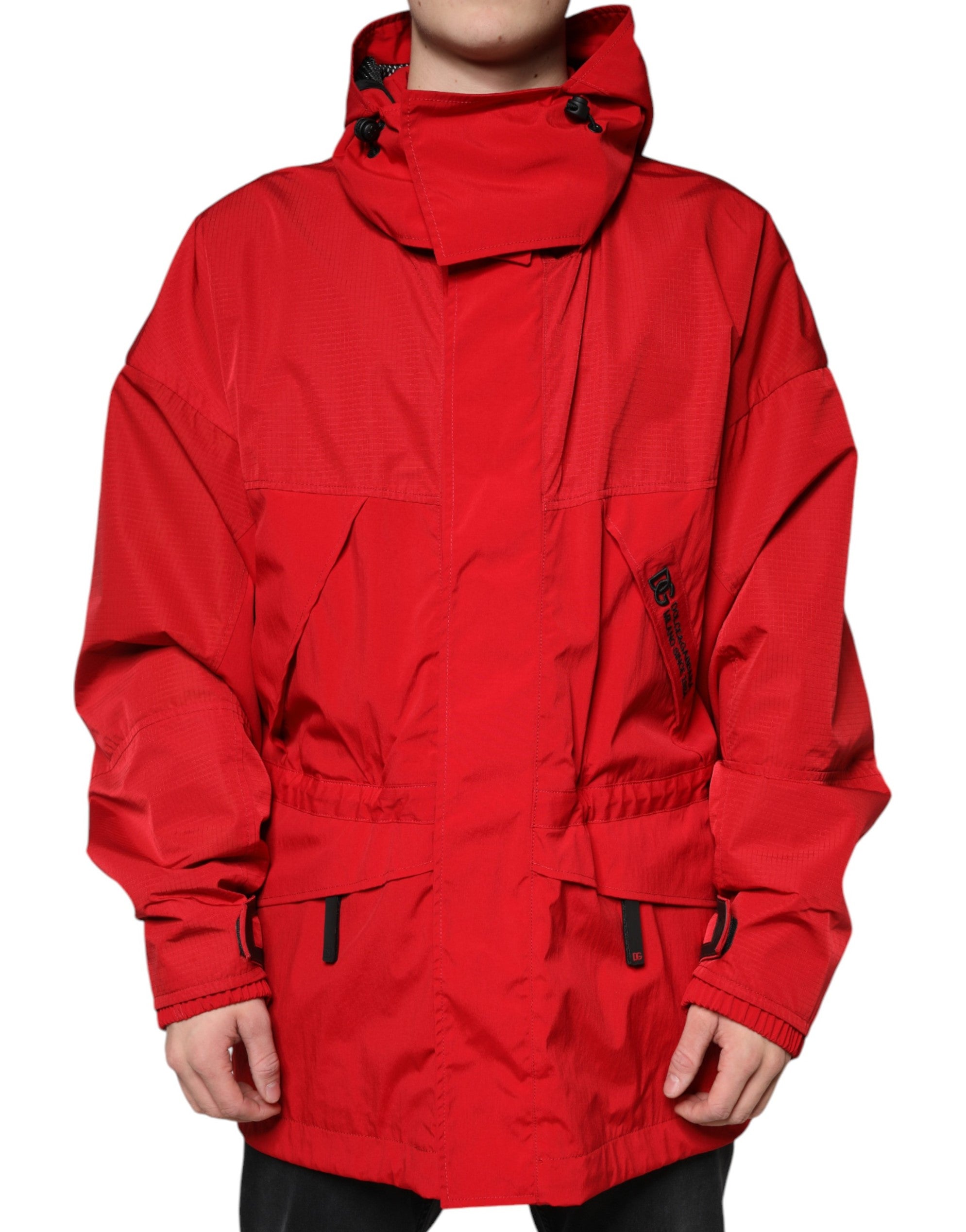 Dolce & Gabbana Rote Nylon Kapuzen-Parka-Jacke für Männer mit Reißverschluss