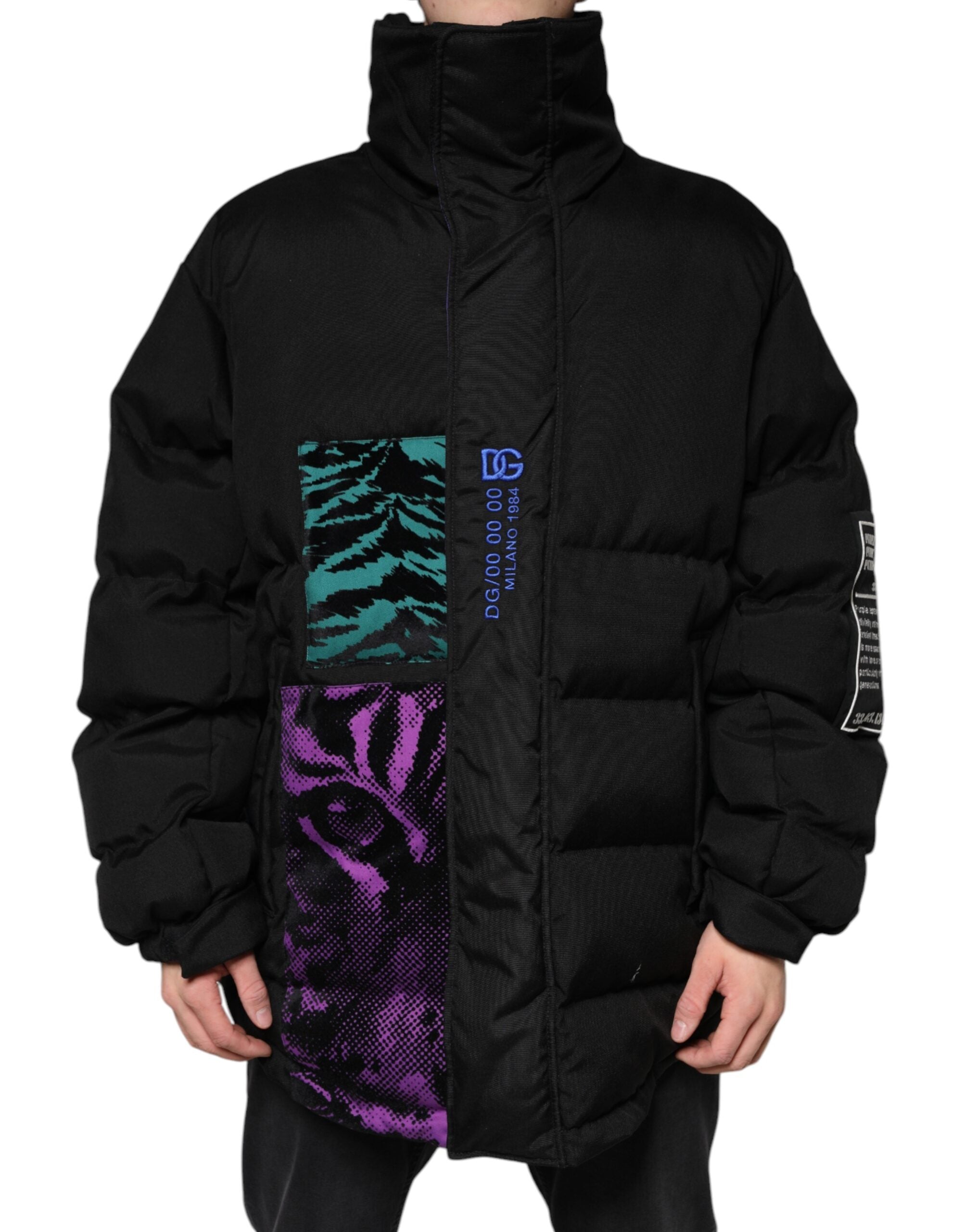 Dolce & Gabbana Schwarze Nylon Puffer Männer Full Zip Jacke
