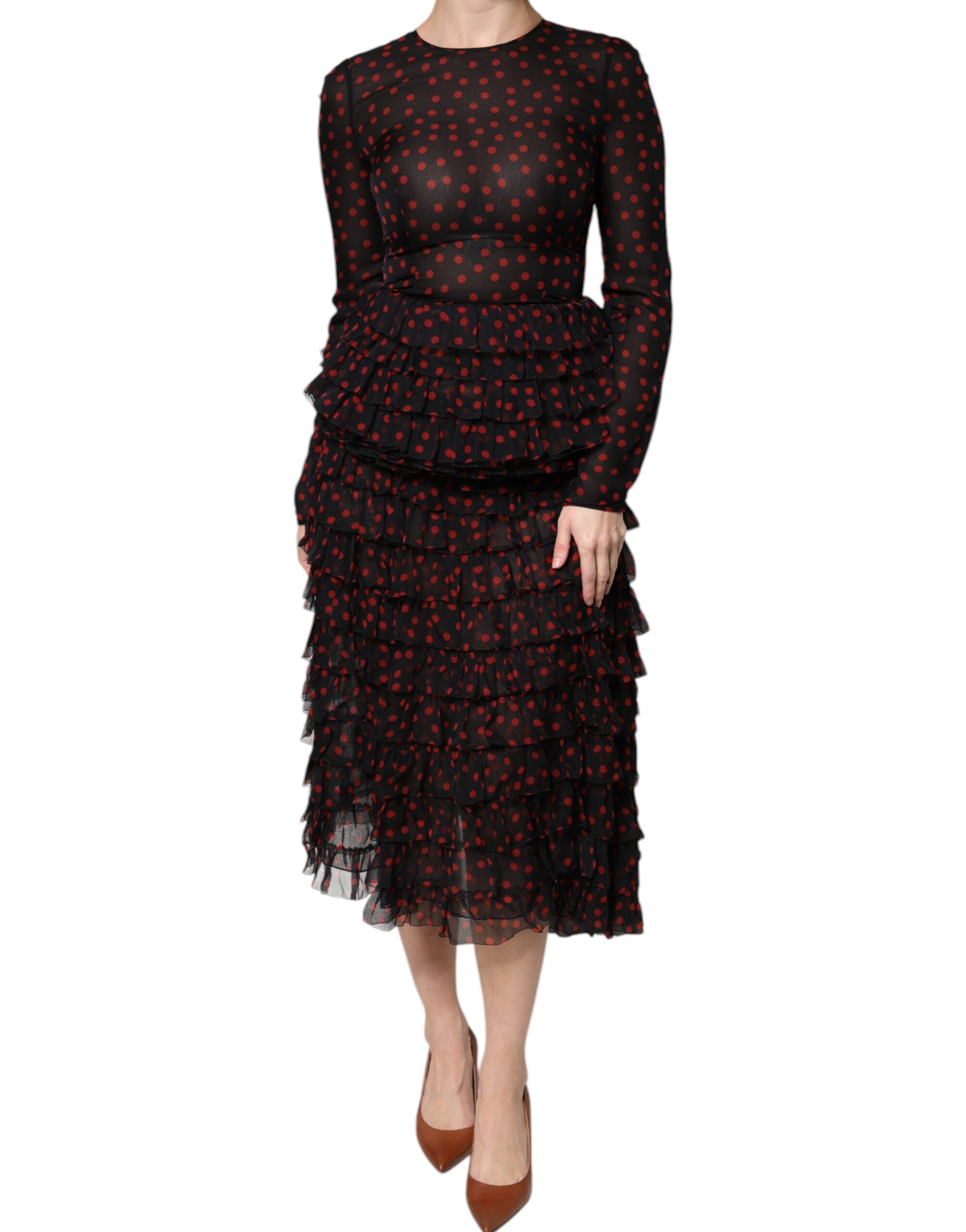 Dolce & Gabbana Schwarz-rot gepunktetes Midikleid aus Seide in Lagen