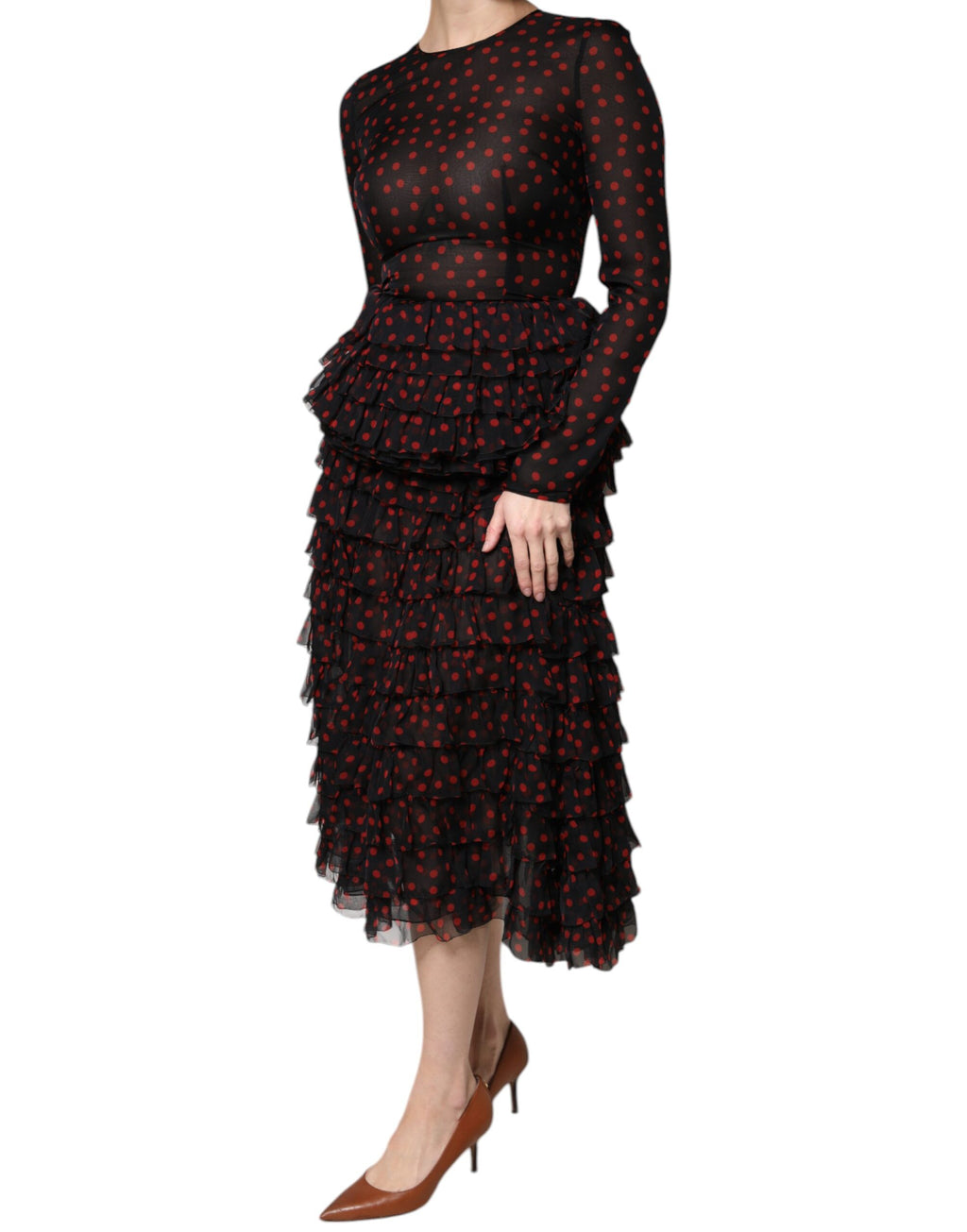 Dolce & Gabbana Schwarz-rot gepunktetes Midikleid aus Seide in Lagen