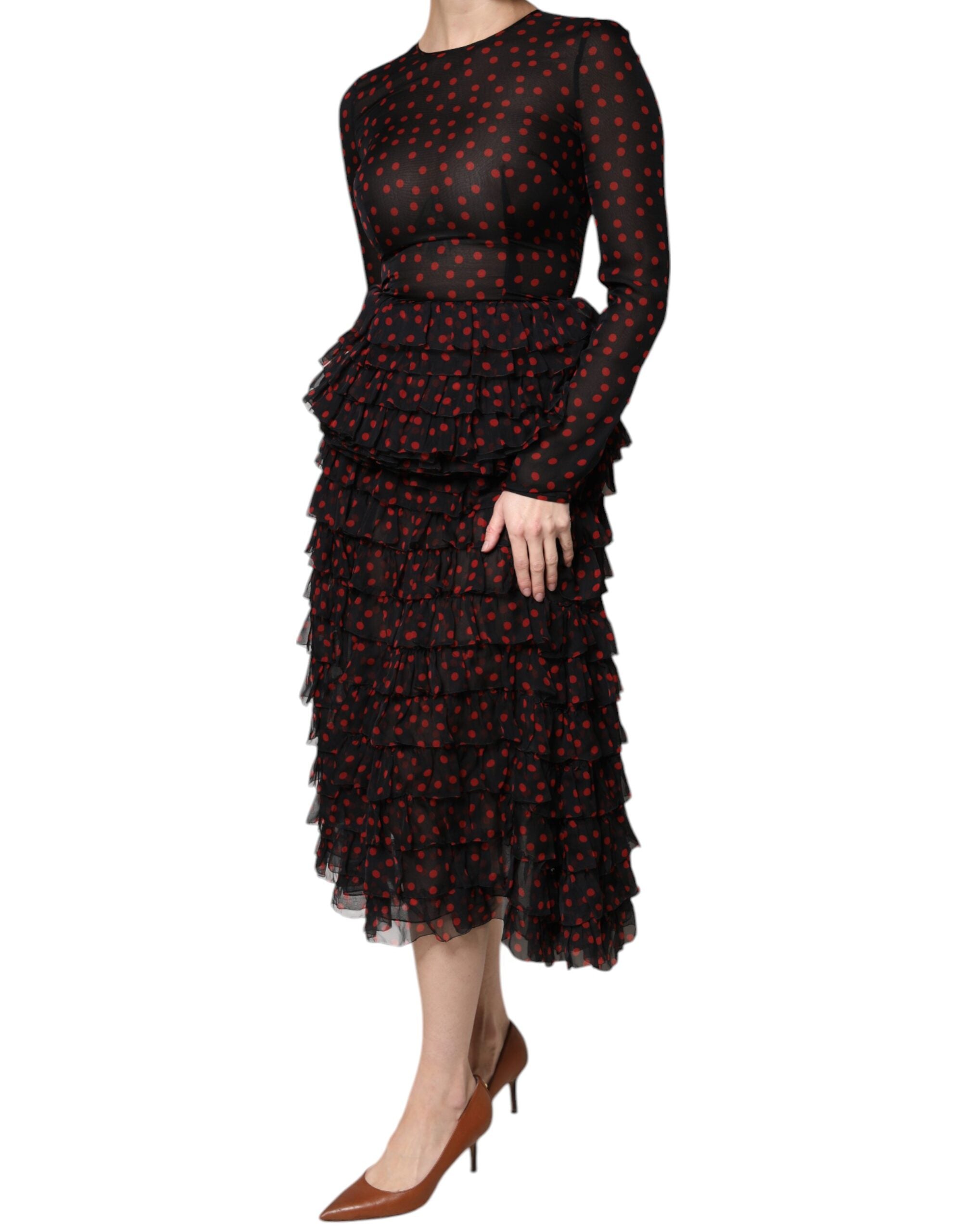 Dolce & Gabbana Schwarz-rot gepunktetes Midikleid aus Seide in Lagen