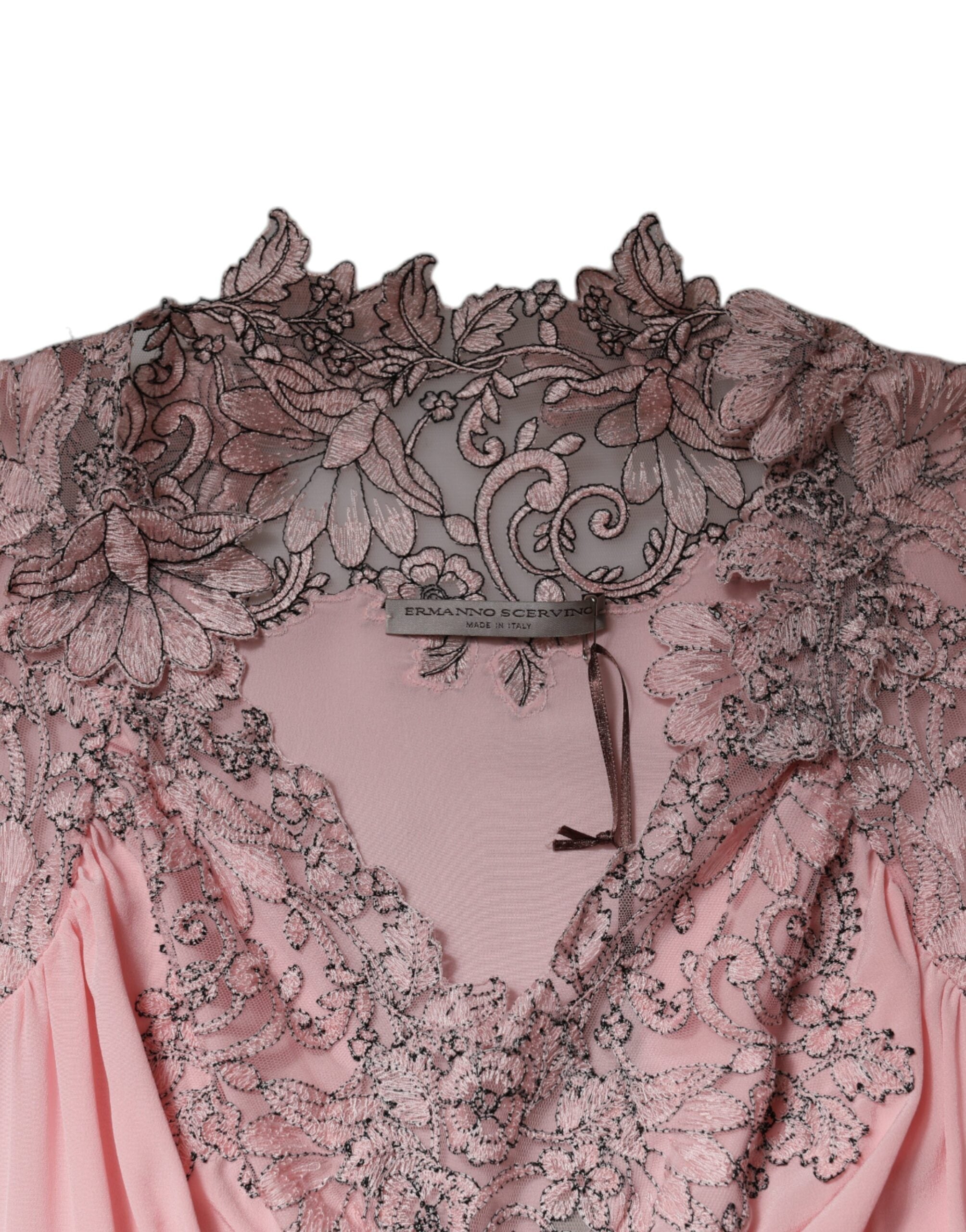 Ermanno Scervino Rosa geblümte Spitze mit kurzen Ärmeln und V-Ausschnitt Midikleid