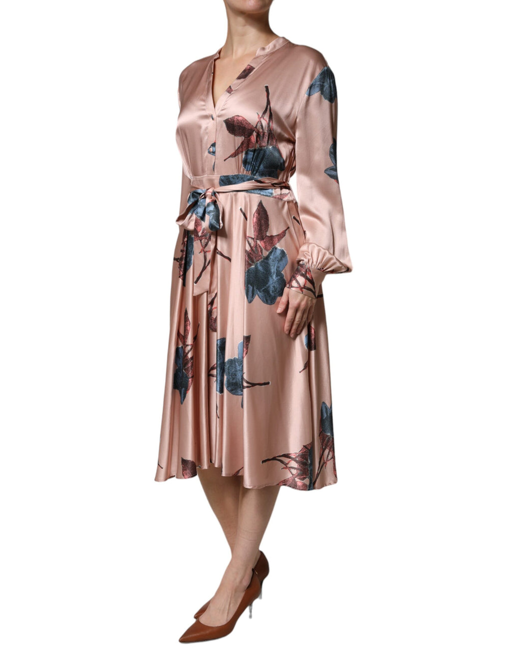 L'Autre Chose Rosa Satin Floral Lange Ärmel A-Linie Midikleid