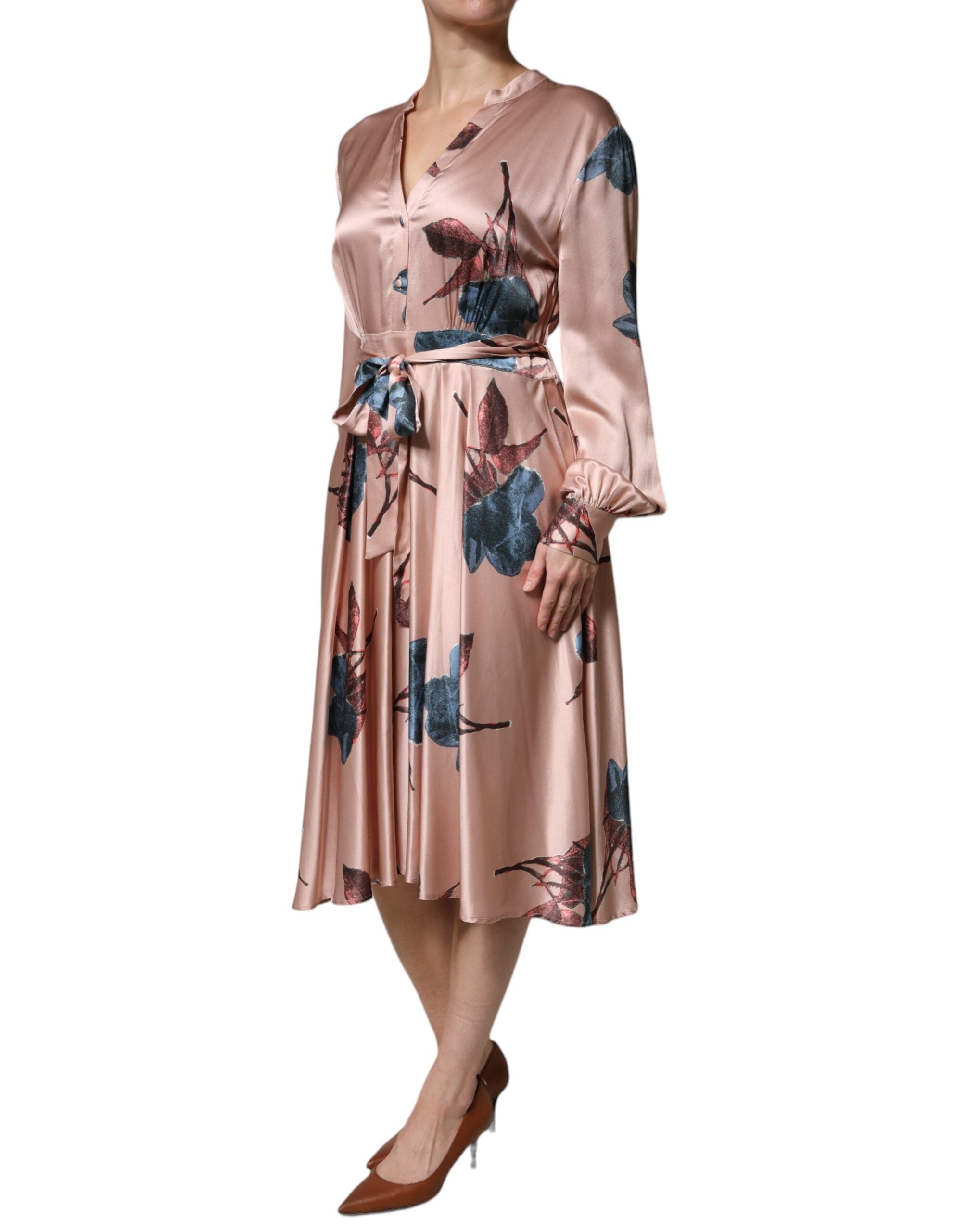 L'Autre Chose Rosa Satin Floral Lange Ärmel A-Linie Midikleid