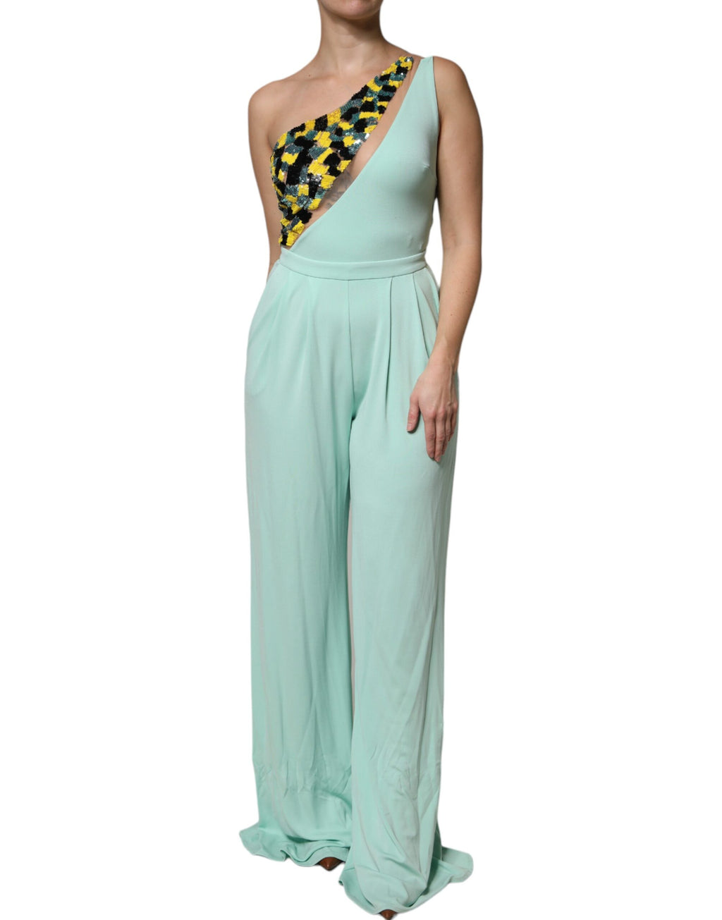 Elisabetta Franchi Mintgrünes langes Ein-Schulter-Jumpsuit-Kleid