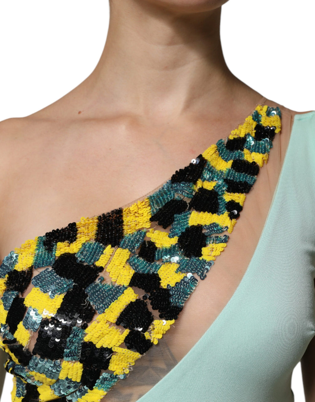 Elisabetta Franchi Mintgrünes langes Ein-Schulter-Jumpsuit-Kleid