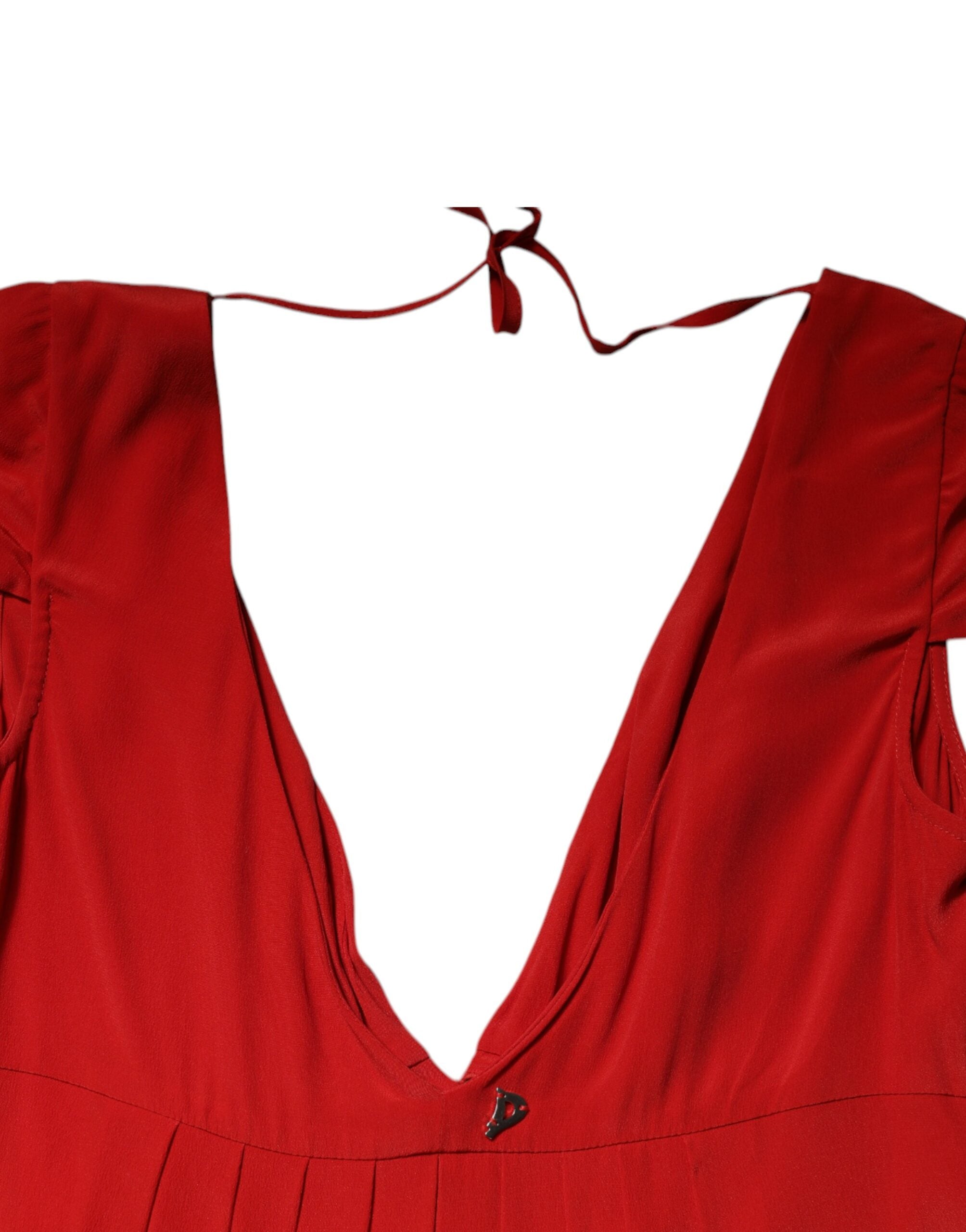 Dondup Rotes Acetatkleid mit kurzen Ärmeln und tiefem Ausschnitt Maxikleid