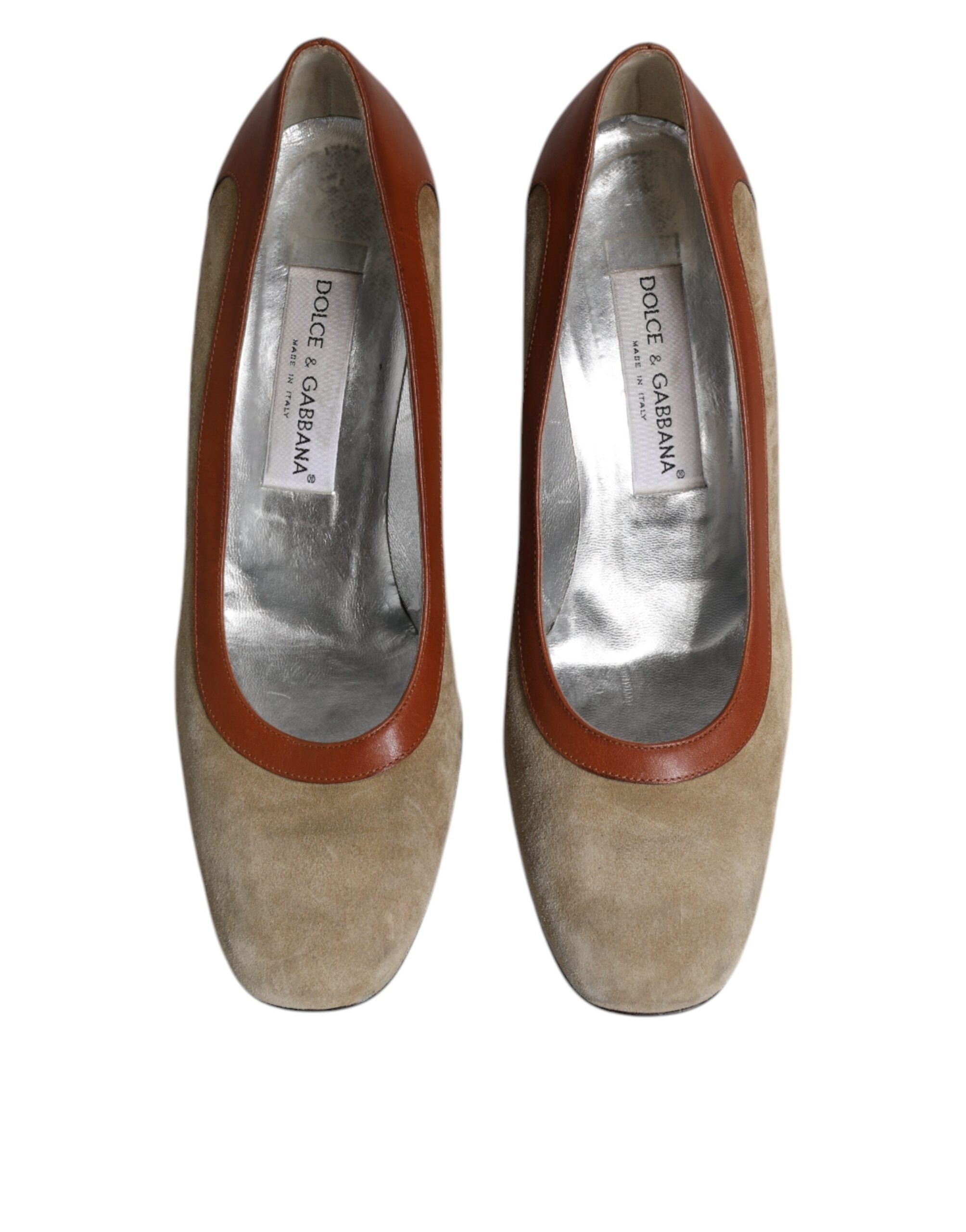 Dolce & Gabbana Beige Braun Leder Blockabsatz Pumps Schuhe