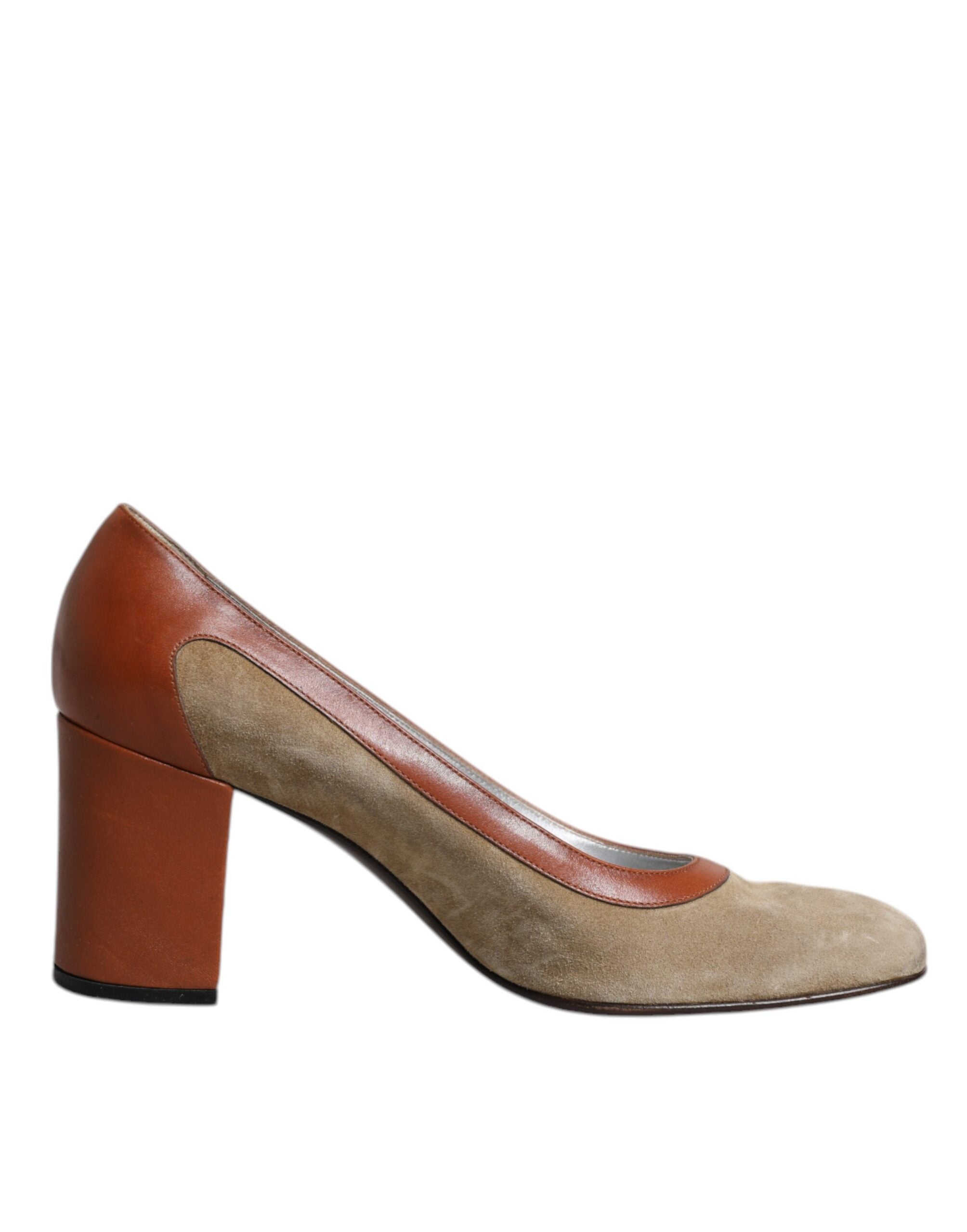 Dolce & Gabbana Beige Braun Leder Blockabsatz Pumps Schuhe