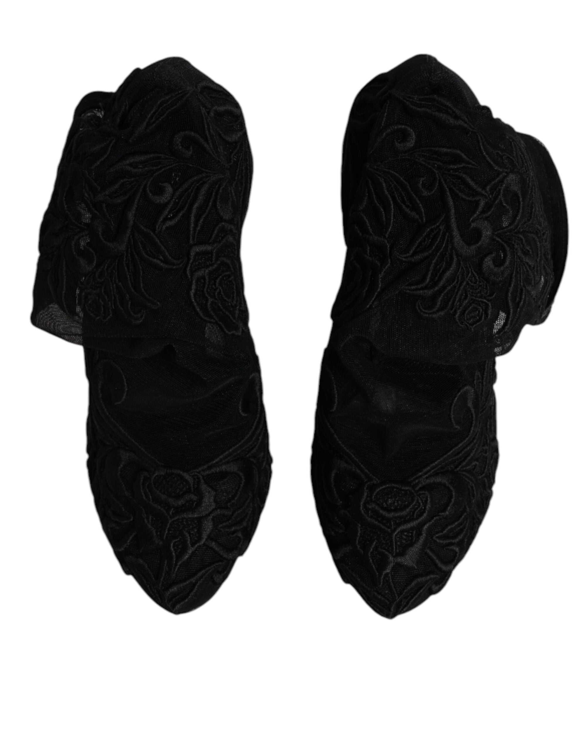 Dolce & Gabbana Schwarze Tüll Stretch Heels Mittlere Wadenstiefel Schuhe