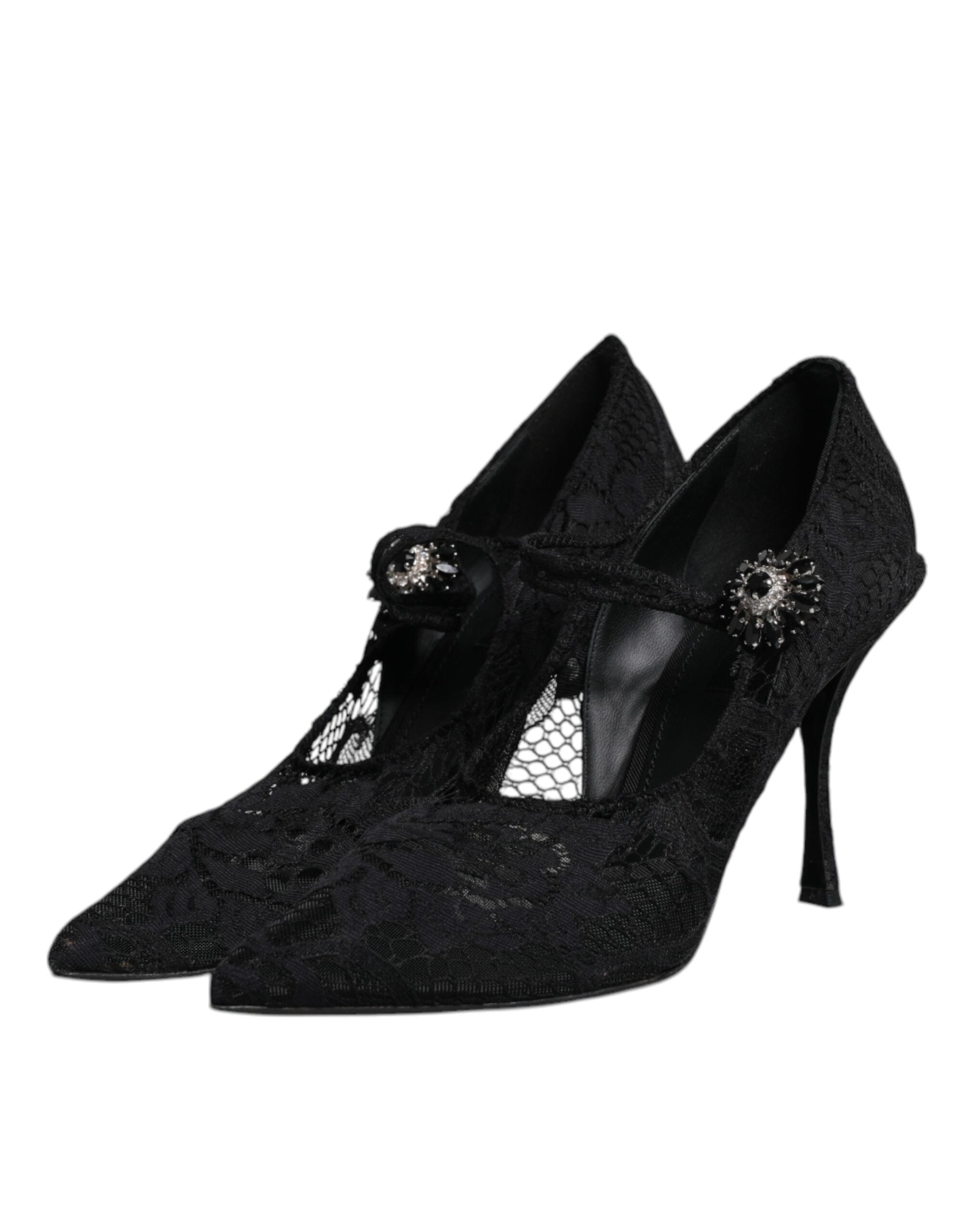 Dolce & Gabbana Schwarz Spitze Kristalle Mary Jane Pumps Schuhe