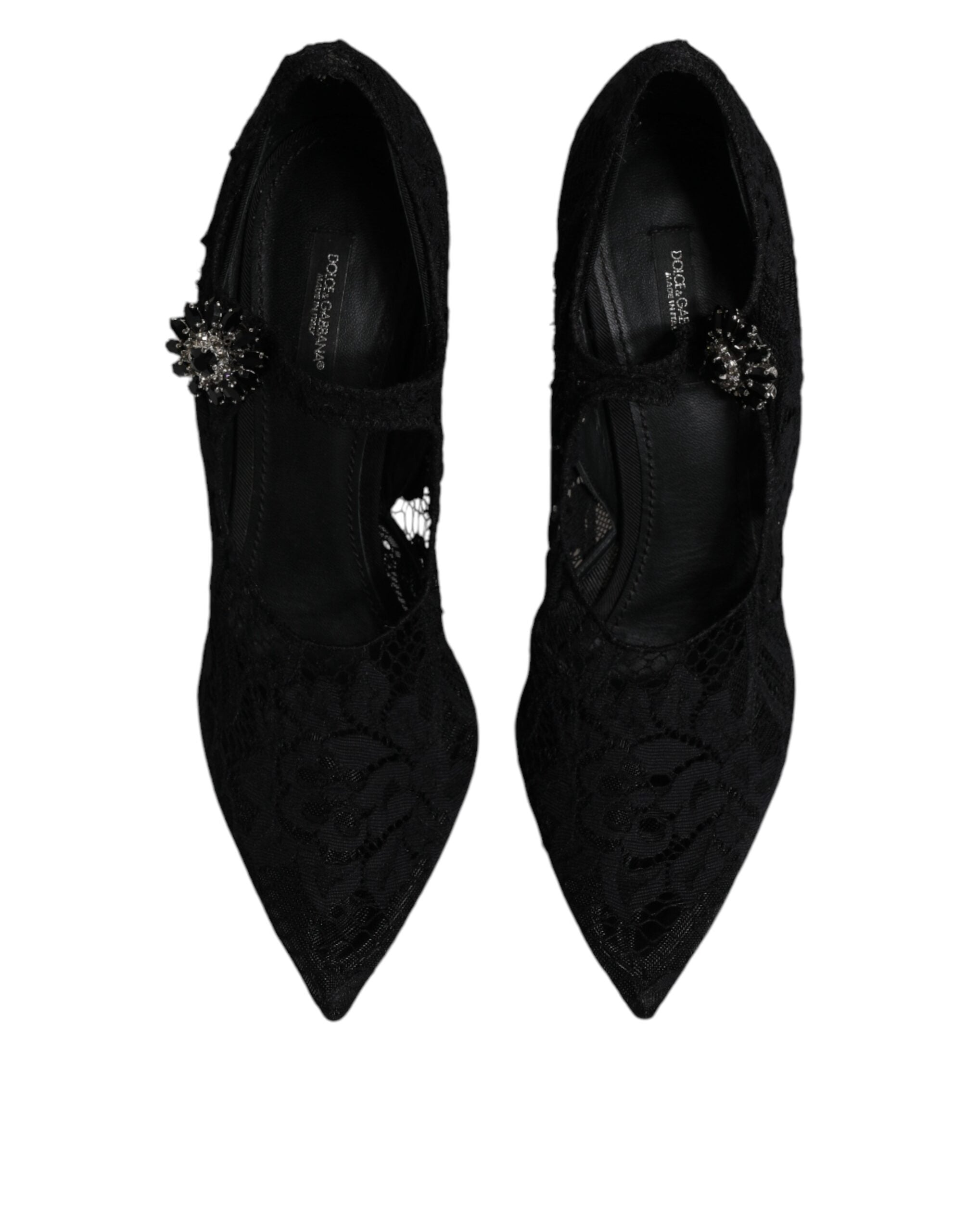 Dolce & Gabbana Schwarz Spitze Kristalle Mary Jane Pumps Schuhe