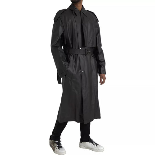 Bottega Veneta Schwarzer Herren-Trenchcoat aus Leder, wasserdicht