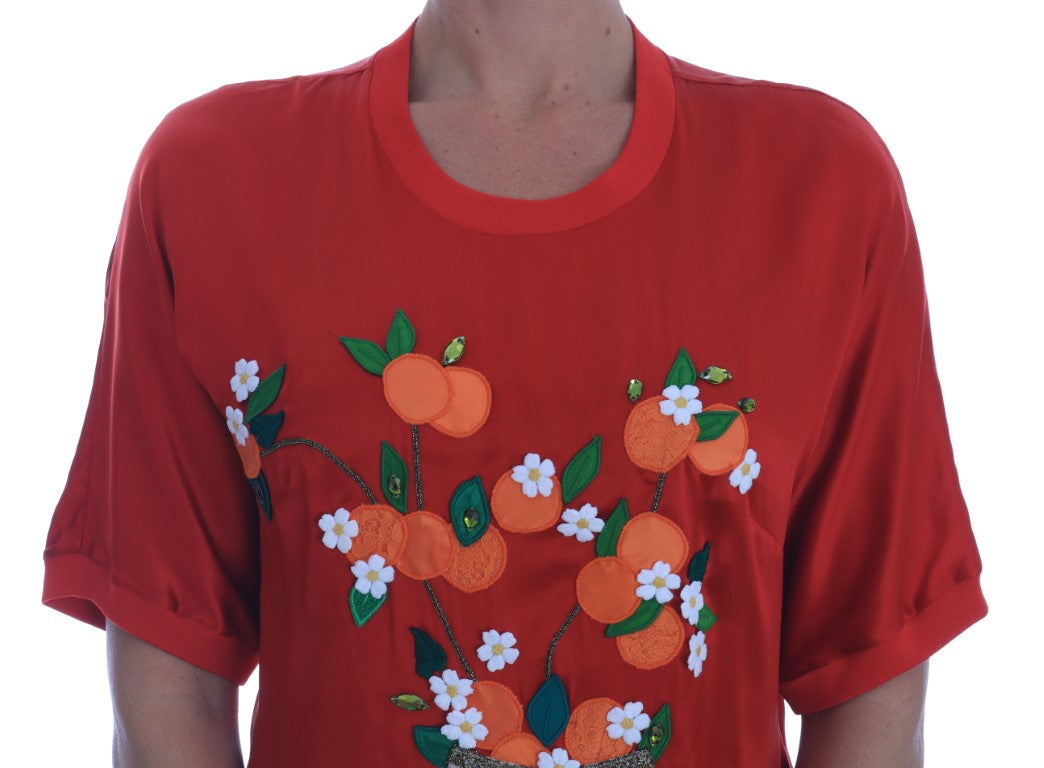 Dolce & Gabbana Rote Seidenbluse mit Orangenblüten und Kristall