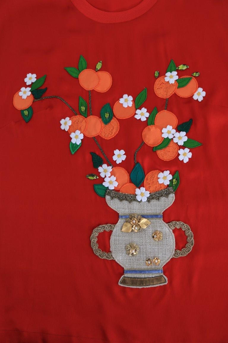 Dolce & Gabbana Rote Seidenbluse mit Orangenblüten und Kristall