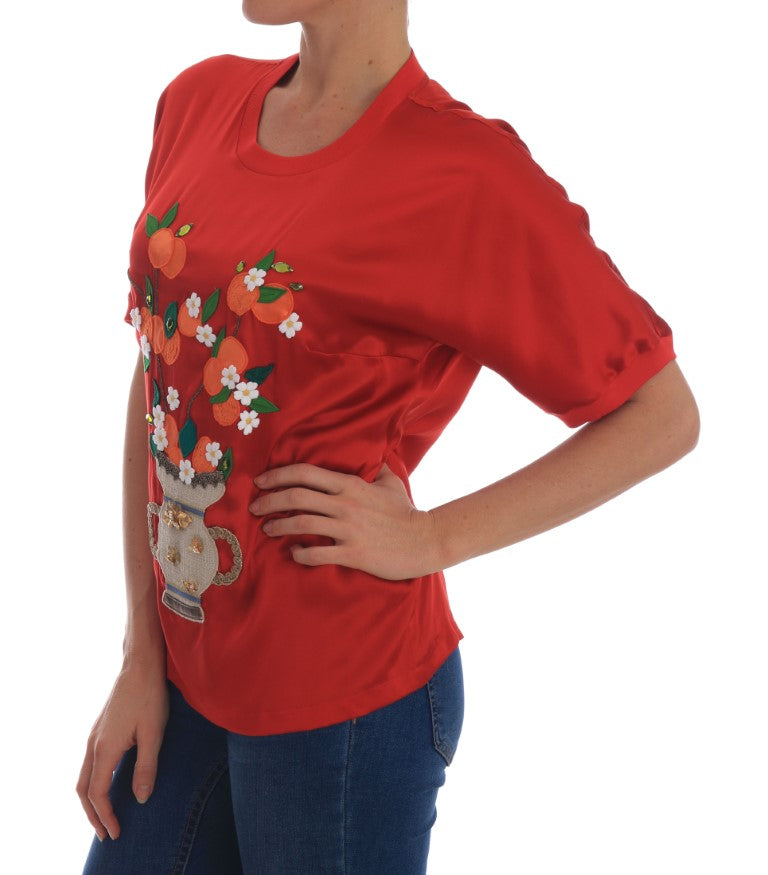 Dolce & Gabbana Rote Seidenbluse mit Orangenblüten und Kristall
