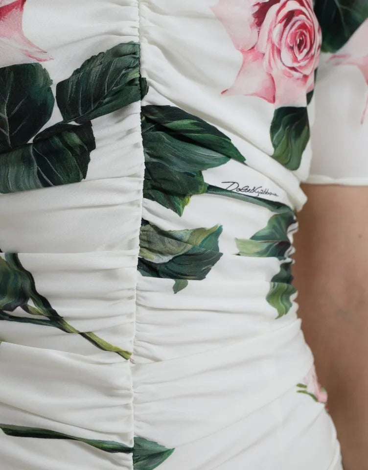 Dolce & Gabbana Weißes Rosendruck Stretch-Seidenkleid mit Plissee