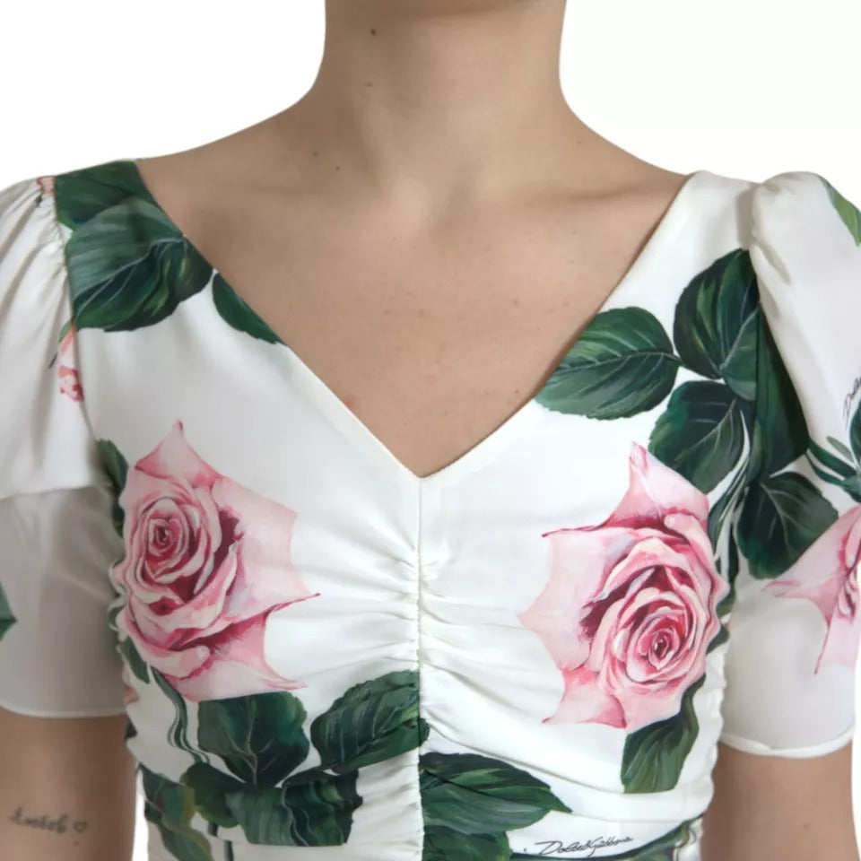 Dolce & Gabbana Weißes Rosendruck Stretch-Seidenkleid mit Plissee