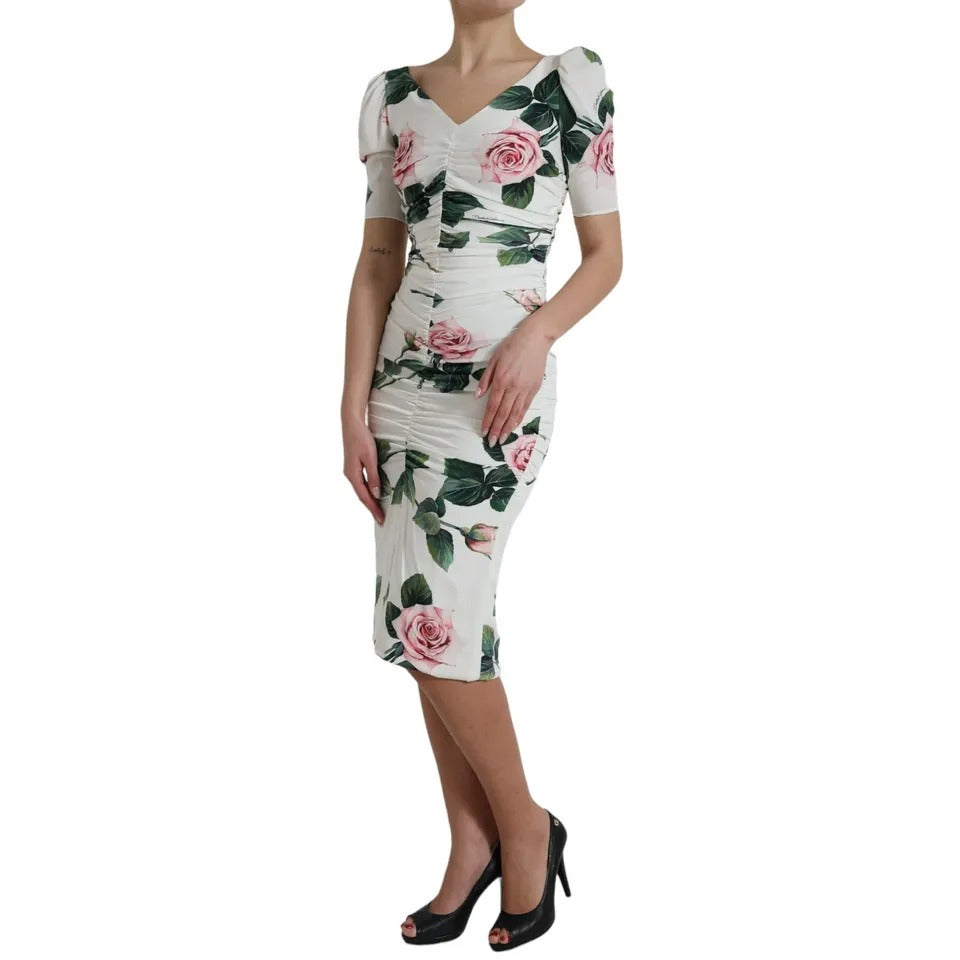 Dolce & Gabbana Weißes Rosendruck Stretch-Seidenkleid mit Plissee
