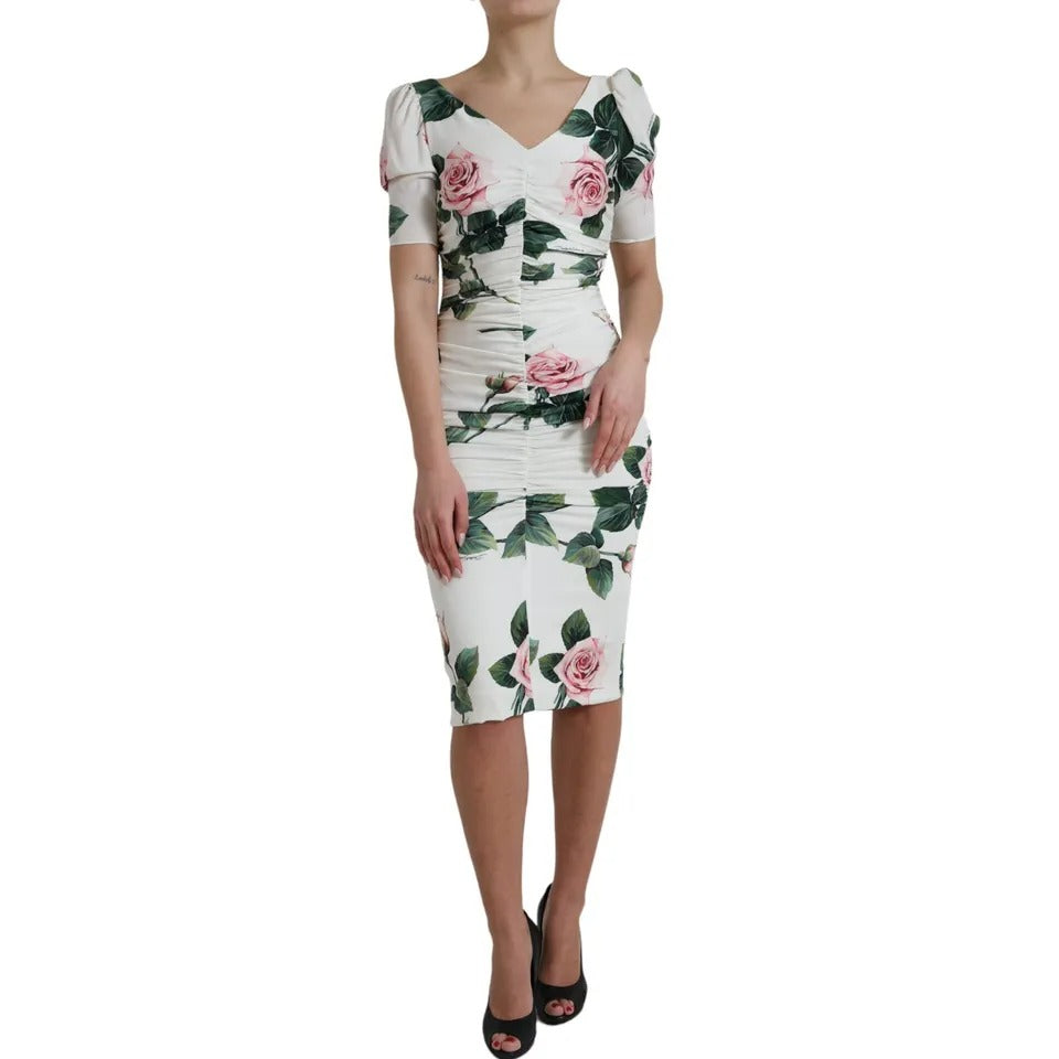 Dolce & Gabbana Weißes Rosendruck Stretch-Seidenkleid mit Plissee