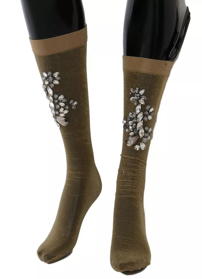 Dolce & Gabbana Goldene Strumpfhose mit Blumenmuster und klaren Kristallen
