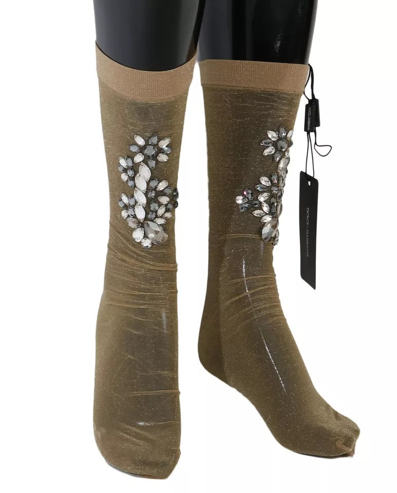 Dolce & Gabbana Goldene Strumpfhose mit Blumenmuster und klaren Kristallen