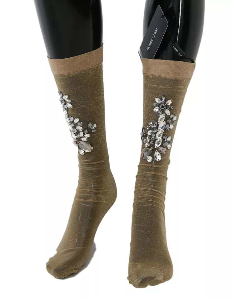 Dolce & Gabbana Goldene Strumpfhose mit Blumenmuster und klaren Kristallen
