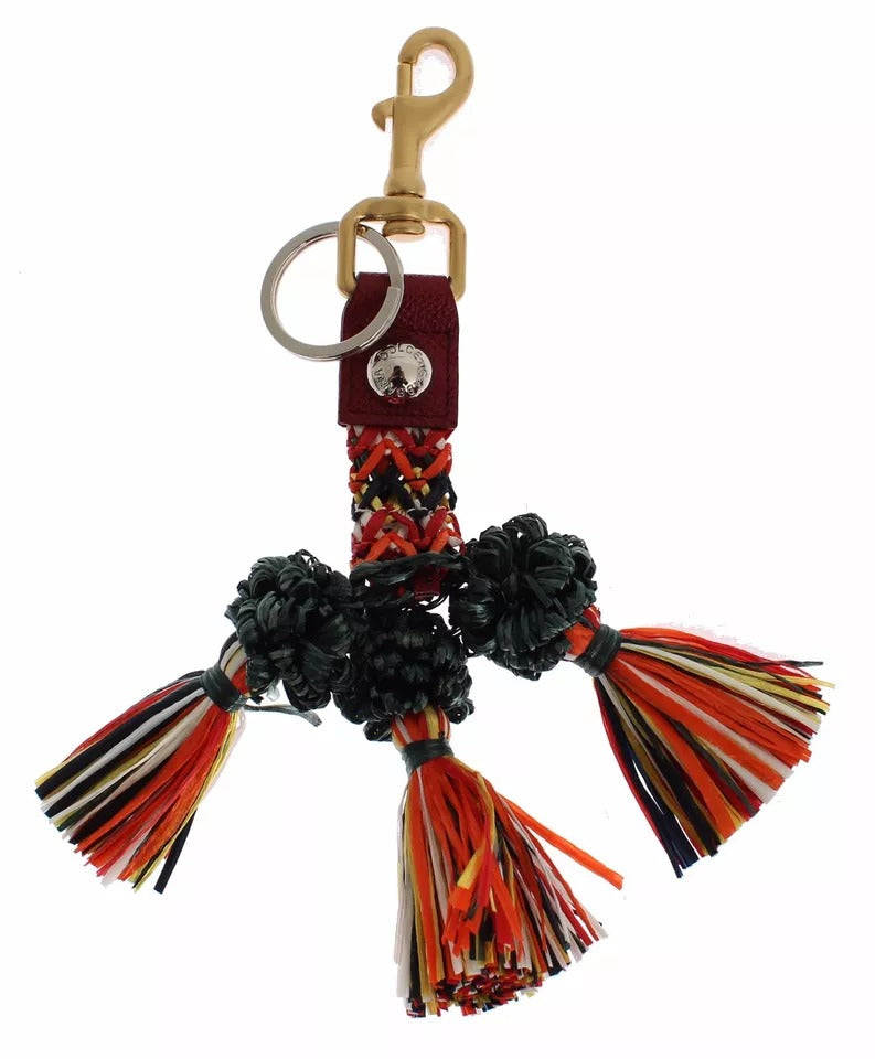 Dolce & Gabbana Multicolor Raffia Leder Schließe Finder Kette Schlüsselanhänger