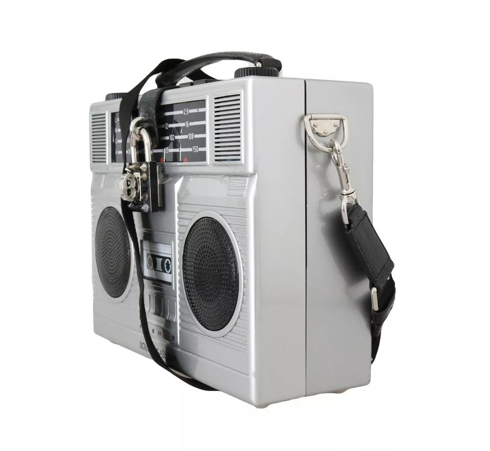Dolce & Gabbana Silberne Retro Radio Boombox Limited Edition Handgefertigte Holztasche