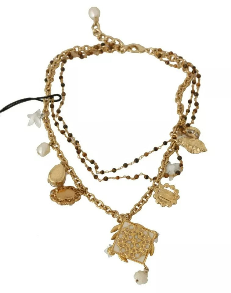 Dolce & Gabbana Gold Messing Kristall Floral Statement Charms Halskette