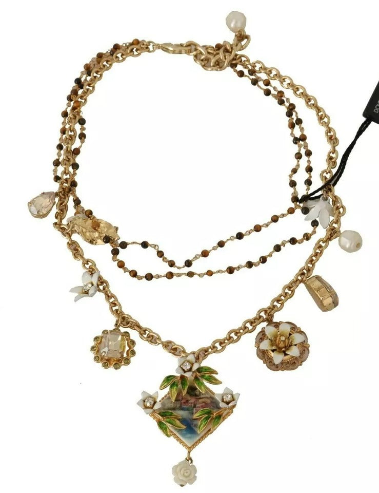 Dolce & Gabbana Gold Messing Kristall Floral Statement Charms Halskette