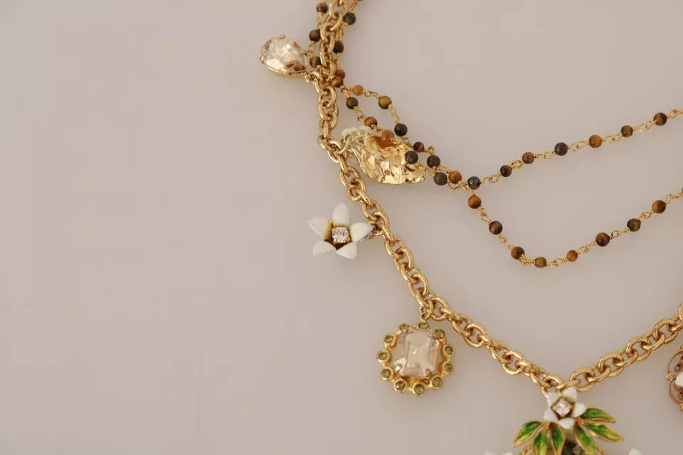 Dolce & Gabbana Gold Messing Kristall Floral Statement Charms Halskette