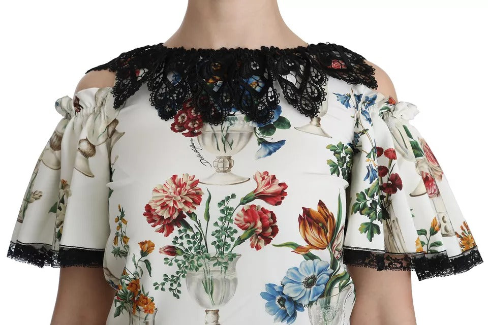 Dolce & Gabbana Weißes Minikleid mit floraler Spitze und Vase