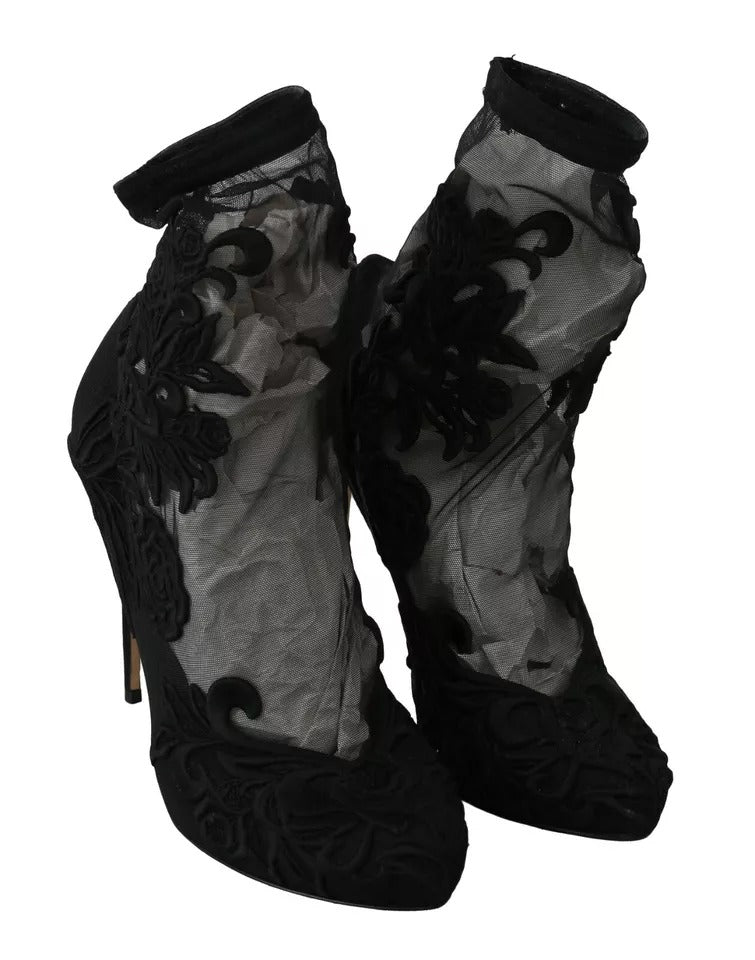 Dolce & Gabbana Schwarz Tüll Stretch Floral Booties Schuhe