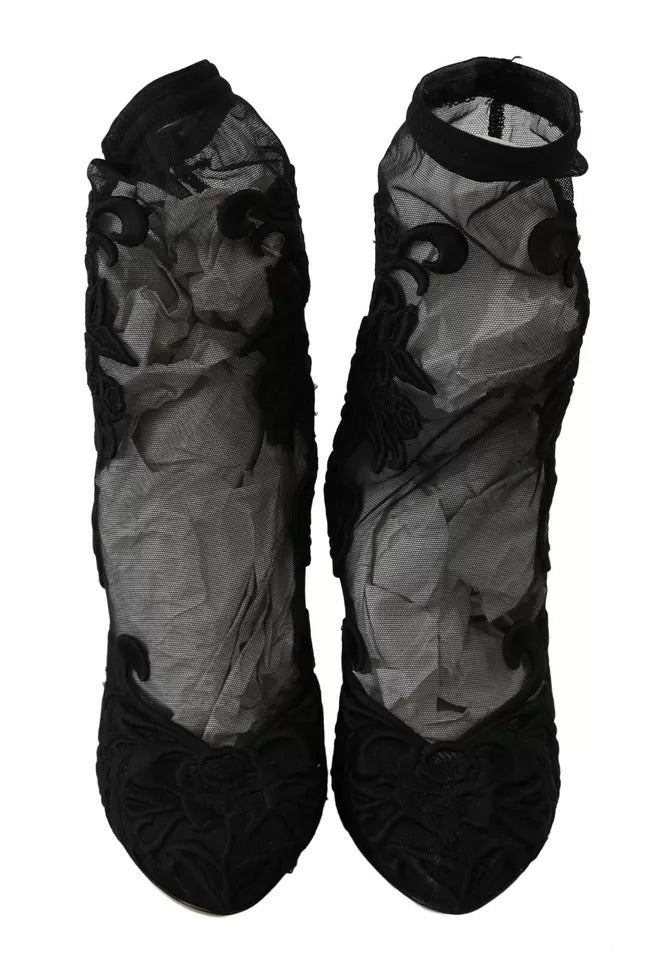 Dolce & Gabbana Schwarz Tüll Stretch Floral Booties Schuhe