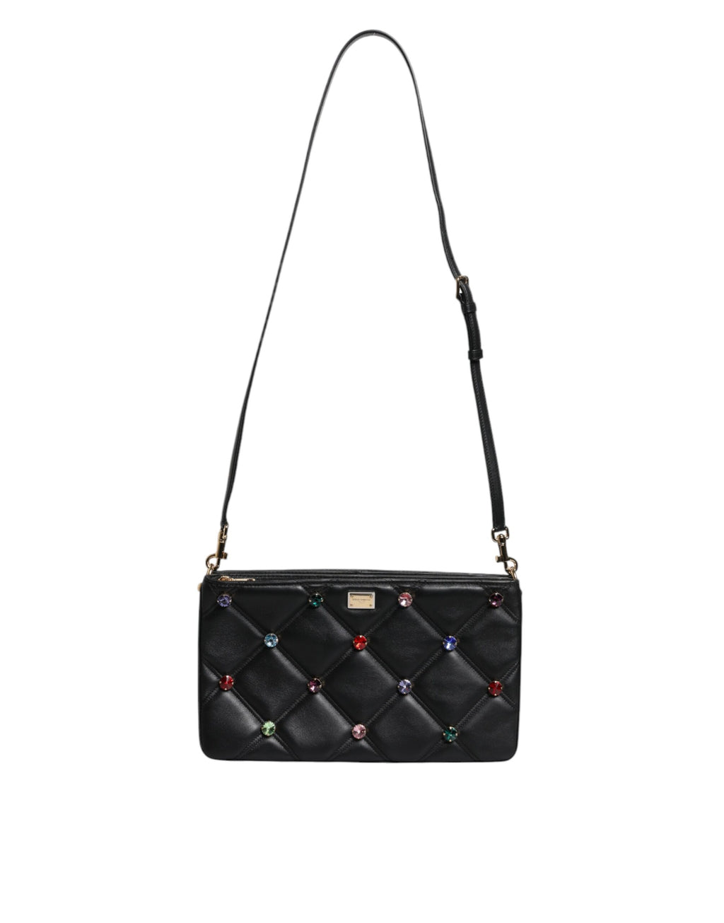Dolce & Gabbana Schwarze Leder-Umhängetasche mit kristallbesetztem Logo