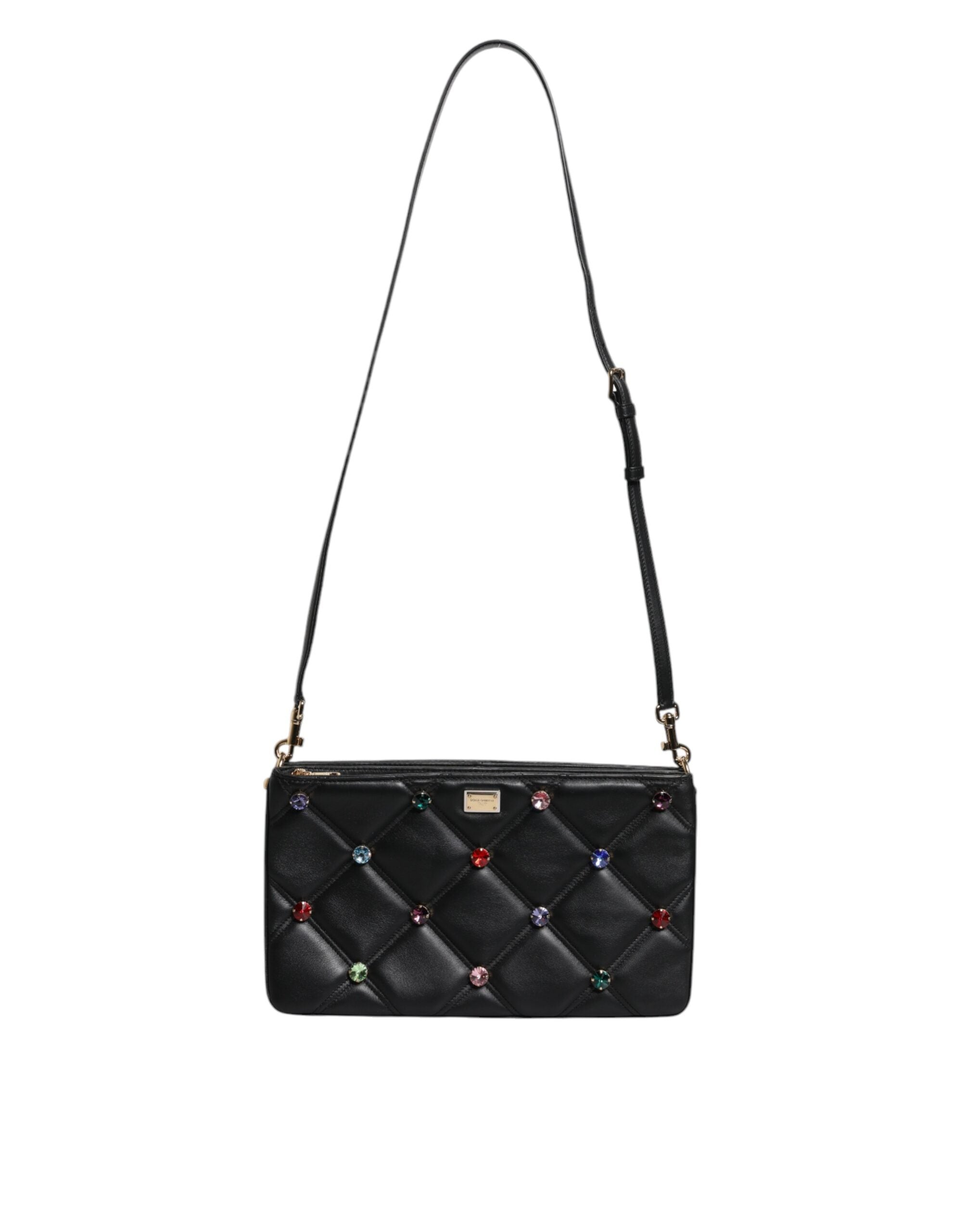 Dolce & Gabbana Schwarze Leder-Umhängetasche mit kristallbesetztem Logo