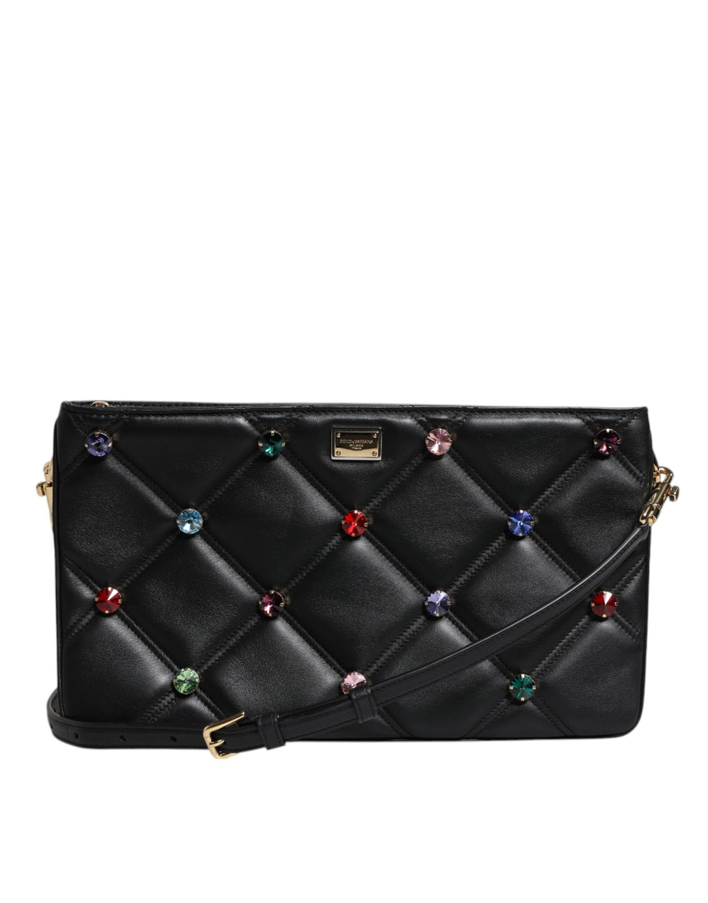 Dolce & Gabbana Schwarze Leder-Umhängetasche mit kristallbesetztem Logo