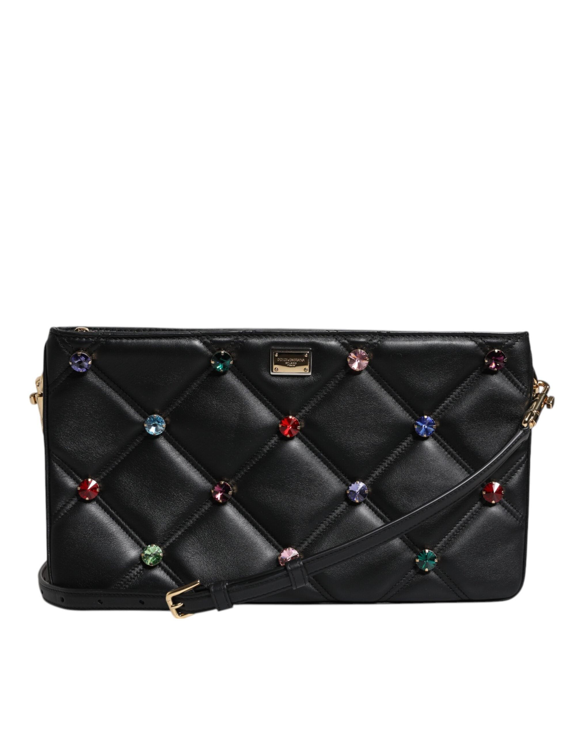 Dolce & Gabbana Schwarze Leder-Umhängetasche mit kristallbesetztem Logo