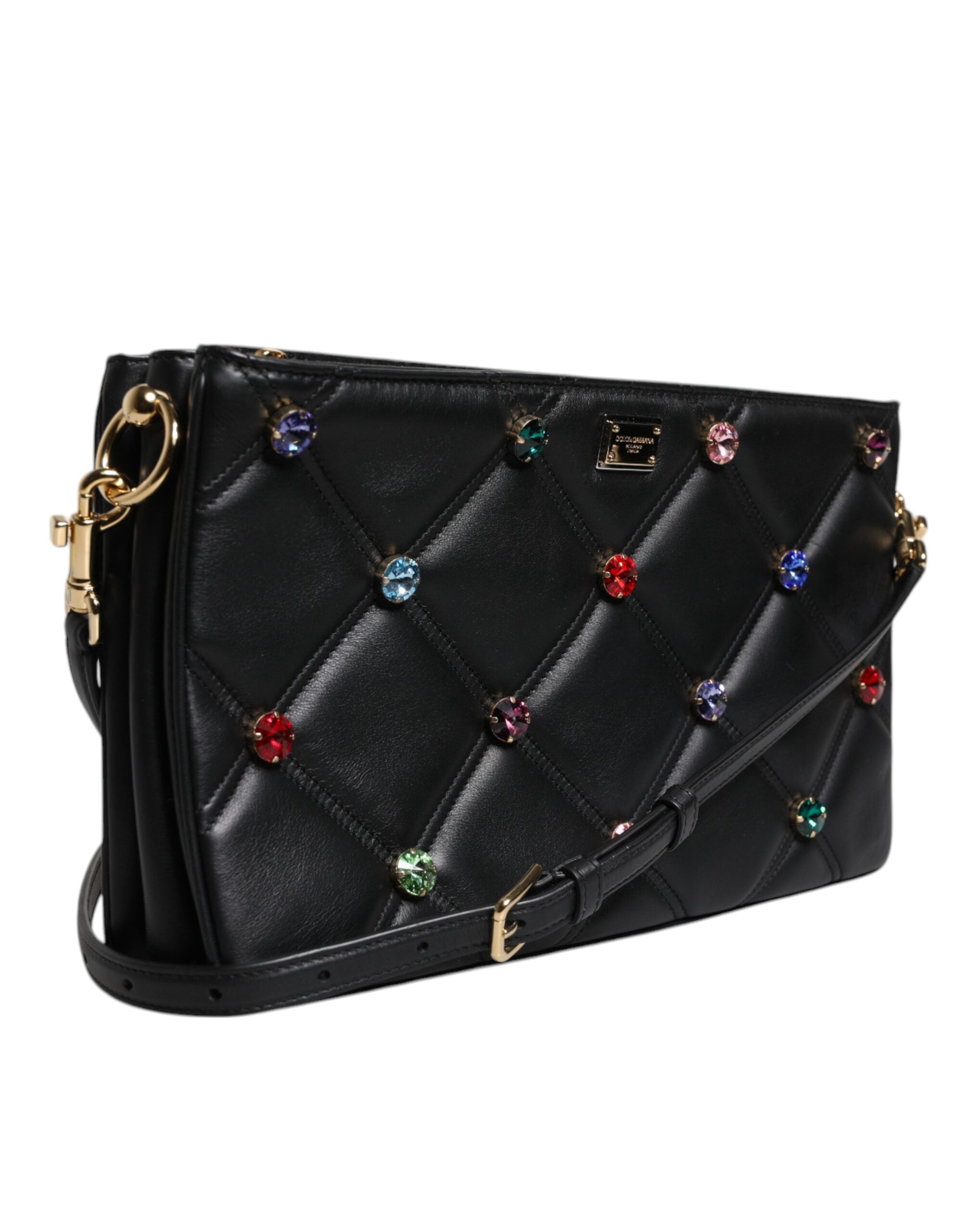 Dolce & Gabbana Schwarze Leder-Umhängetasche mit kristallbesetztem Logo