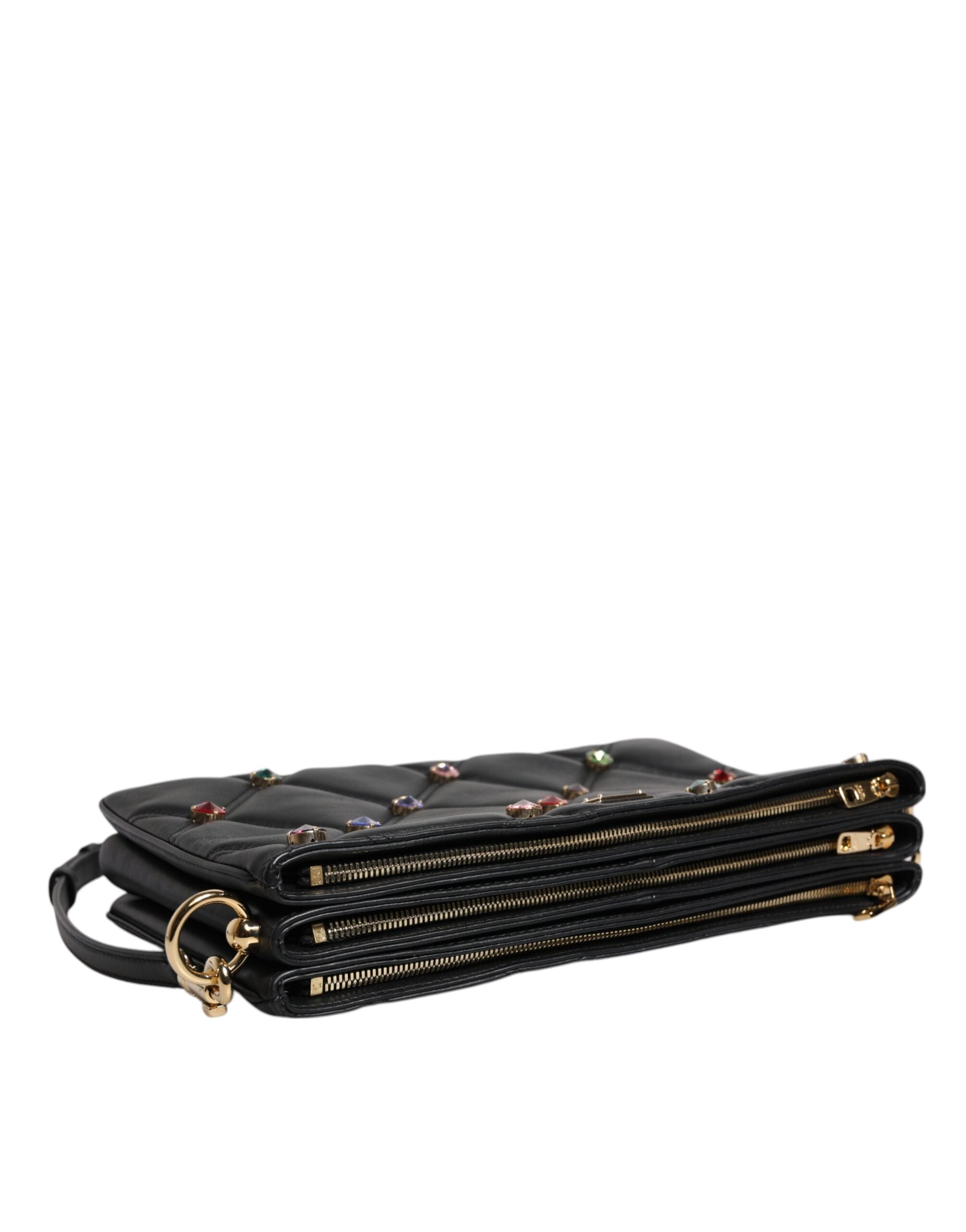 Dolce & Gabbana Schwarze Leder-Umhängetasche mit kristallbesetztem Logo