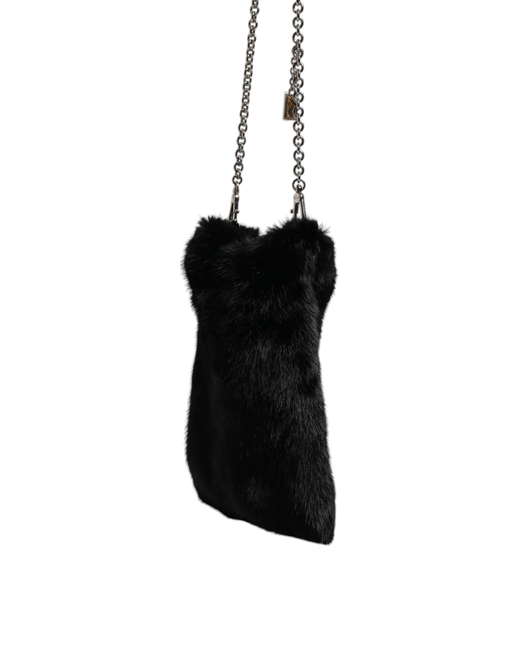 Dolce & Gabbana Schwarzer Kunstpelz Silber Kette Crossbody Umhängetasche Tasche