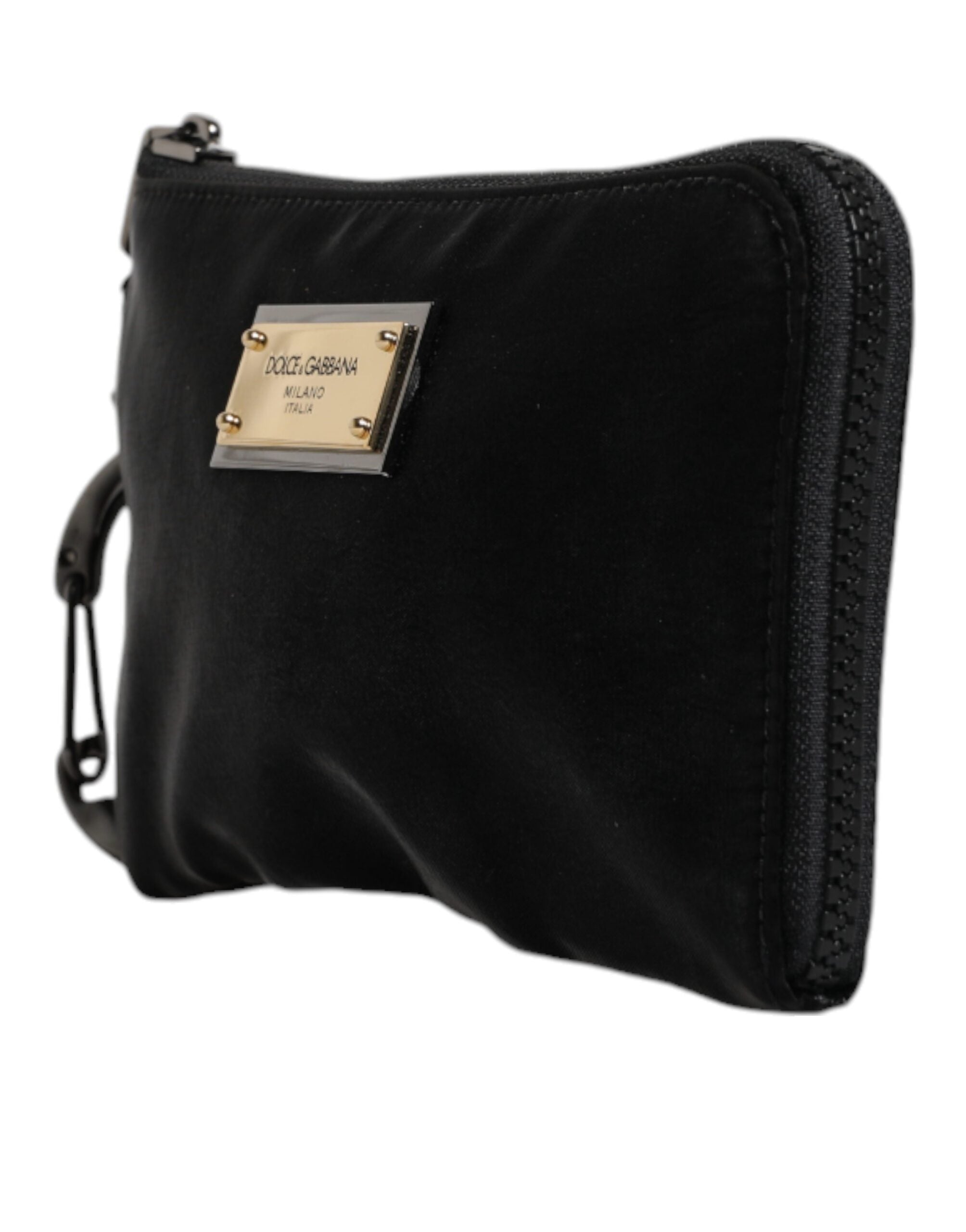 Dolce & Gabbana Schwarzes Nylon Logo Plaque Schlüsselanhänger Tasche Clutch